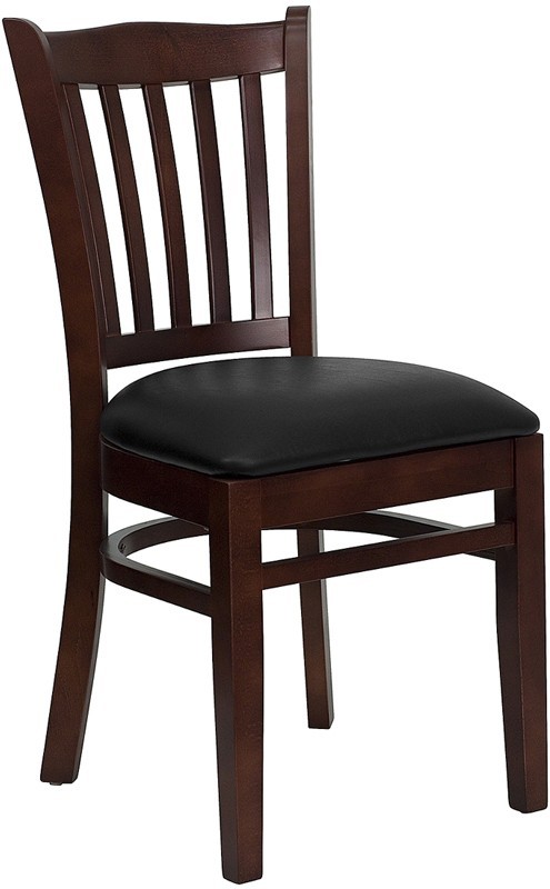 Mahogany Wood Finished Vertical Slat Back Restaurant Chair with Black Vinyl Seat