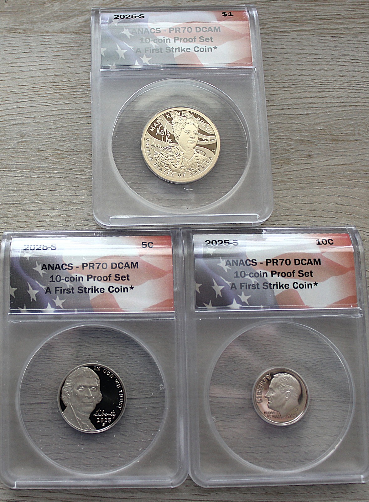2025-S 5C 10C & $1 CLAD PROOF 3 COIN LOT GRADED ANACS PR70 DCAM FIRST STRIKE