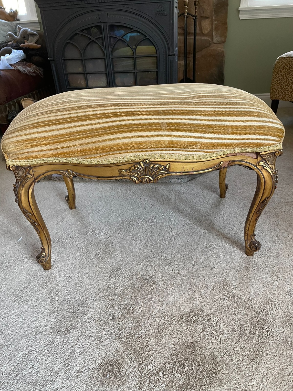 Ottoman Bench: Louis XVI Gold Leaf Vanity Seat, Gold Tufted Damask Upholstery