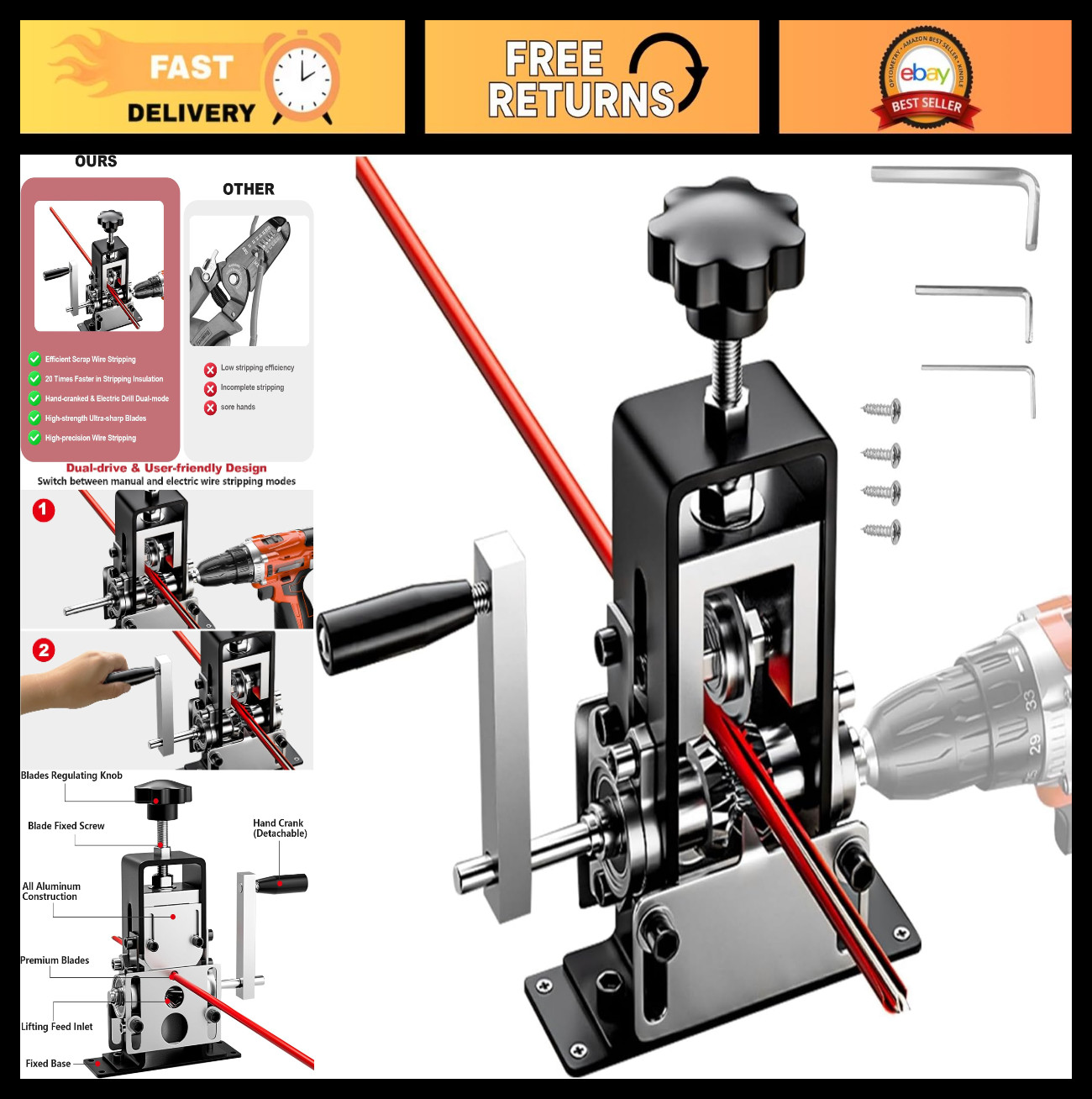 Manual Wire Stripping Machine - Copper Wire Peeler, Drill Powered Hand Crank Too