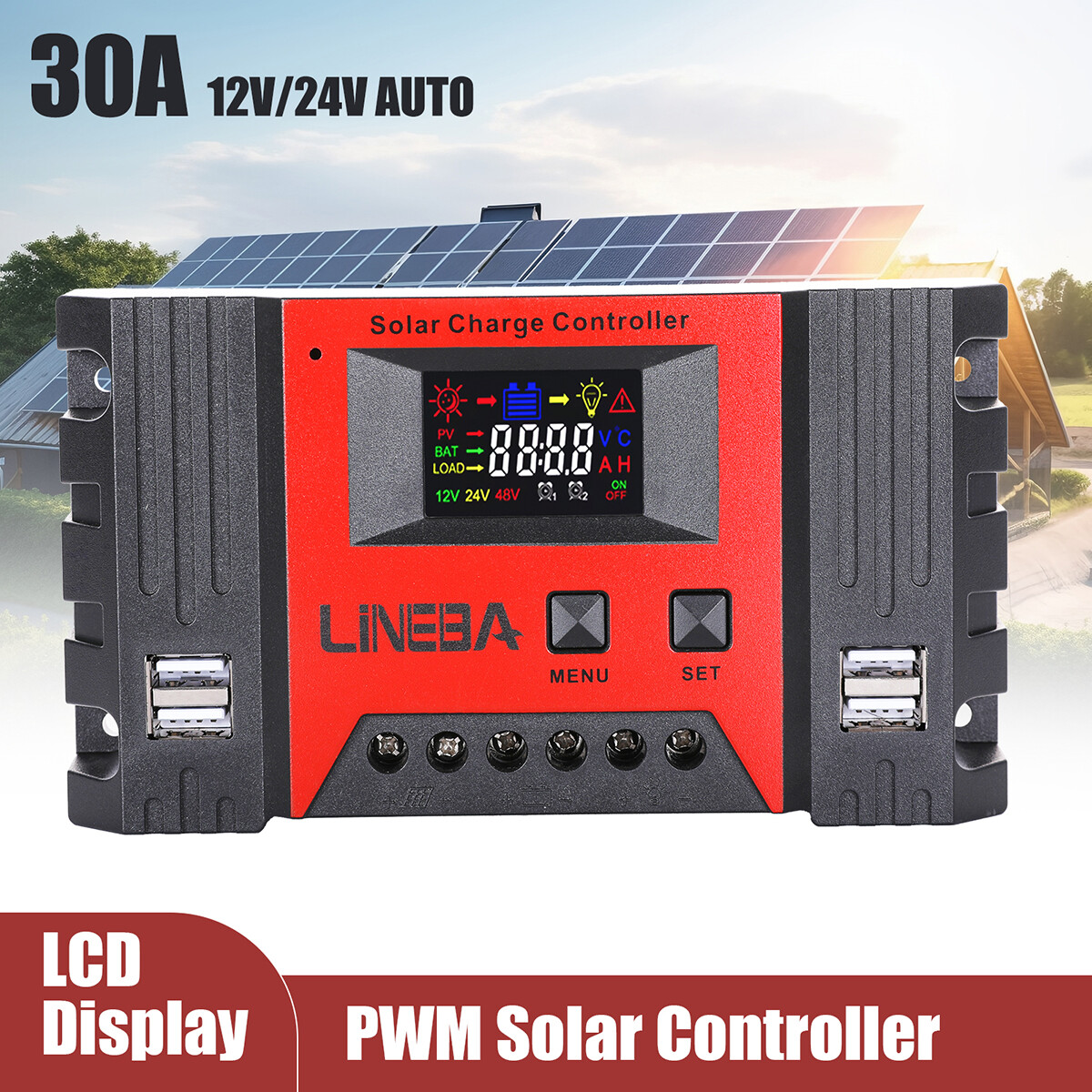 30A 12V/24V AUTO PWM Solar Charge Controller Solar Panel RV Battery PV Regulator