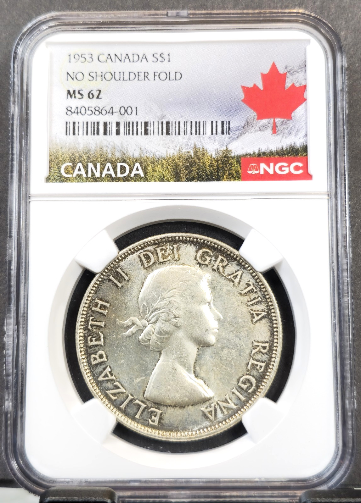1953 CANADA SILVER 1 DOLLAR NO SHOULDER FOLD NGC MS 62 BEAUTIFUL COIN