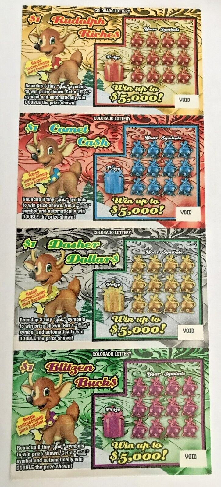 Rudolph ,Comet, Dasher, Blitzen Instant SV Lottery Ticket Set ,no cash value