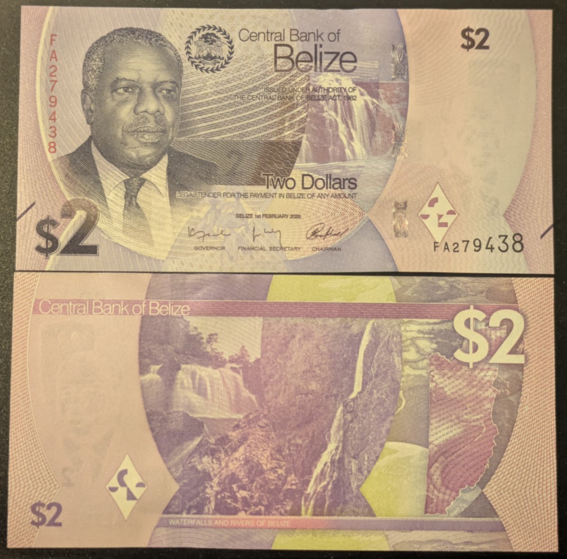 Belize, 2 Dollars 2025 P73 UNC, Philip Goldson (obv) Sapodilla waterfall (rev)
