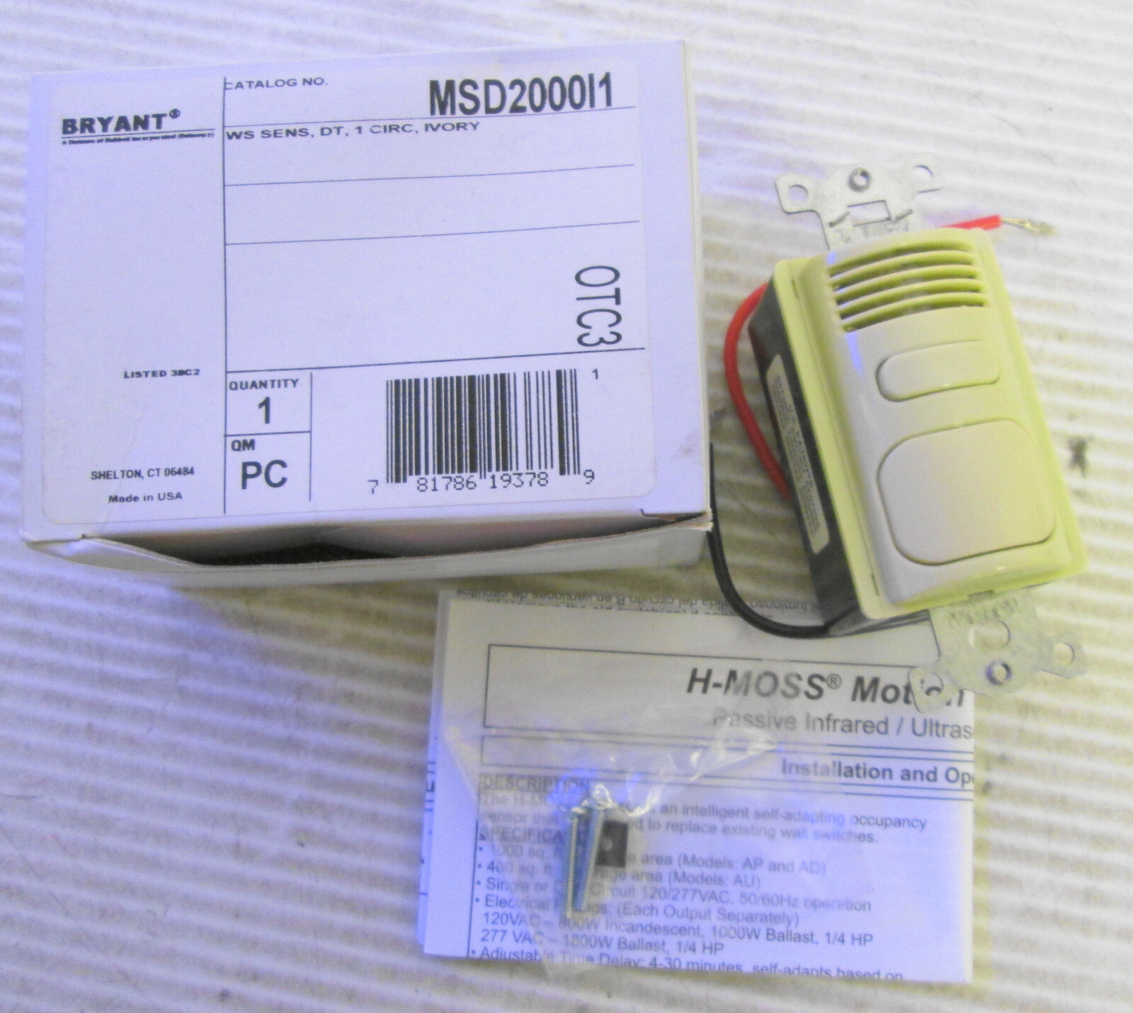 Bryant MSD2000I1 Hubbell AD2000I1 Occupancy Wall Sensor 120/277VAC 50/60Hz