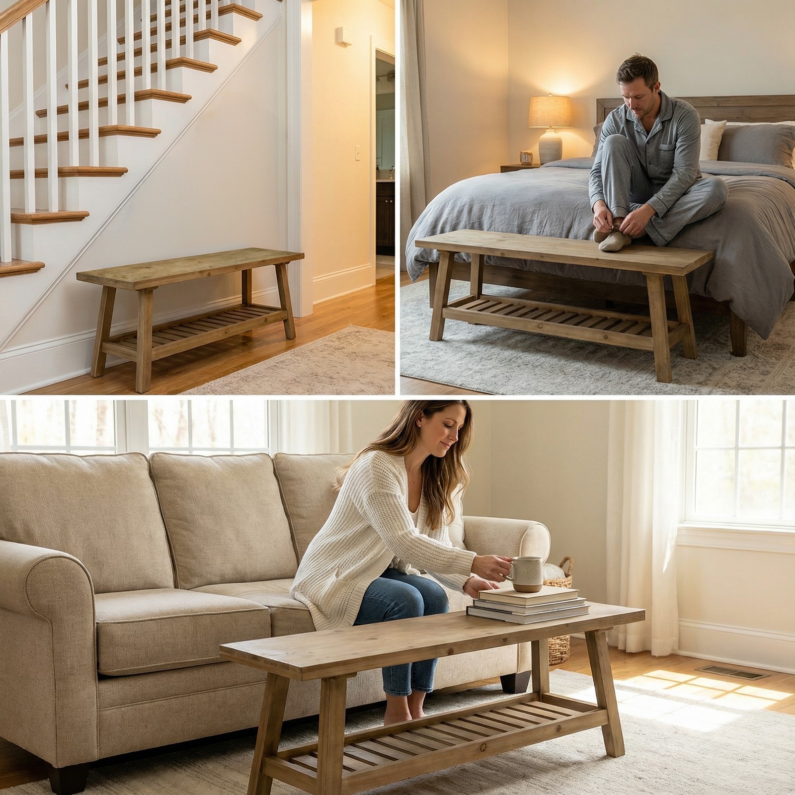 43" Rustic Farmhouse Bench with 2-Tier Open Storage Shelf