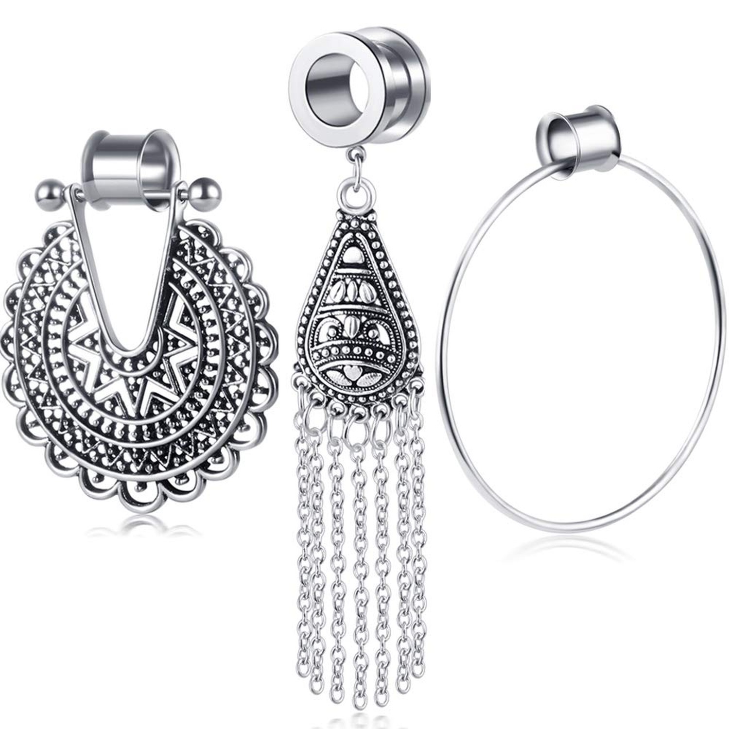 TIANCI FBYJS 3 Pairs Dangle Gauges Big Hoop Ear Tunnels Stainless Steel Earri...