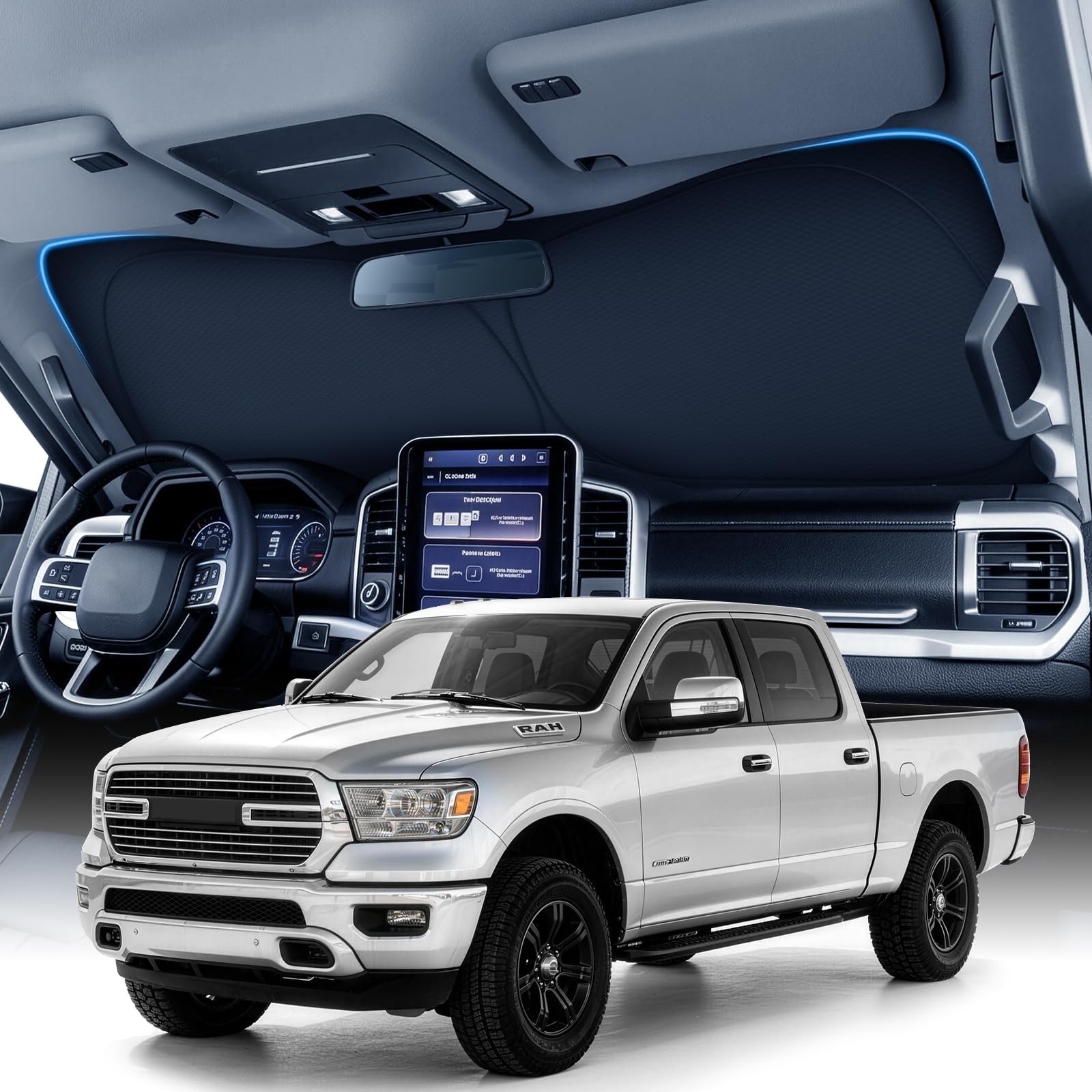 Large Windshield Sun Shade for Dodge RAM 1500 2019-2026, 7-Layer Heavy-Duty U...