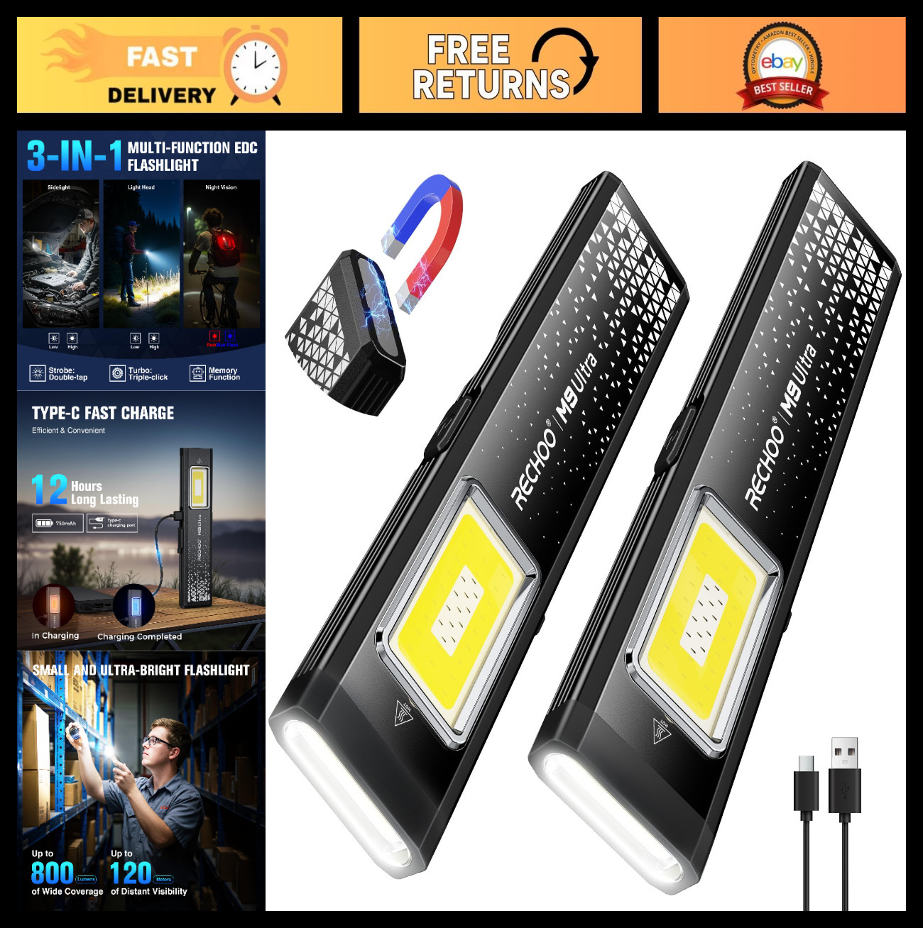Rechargeable Slim Pocket Flashlight - 8 Modes, Magnetic Base & Clip, Mini EDC Li