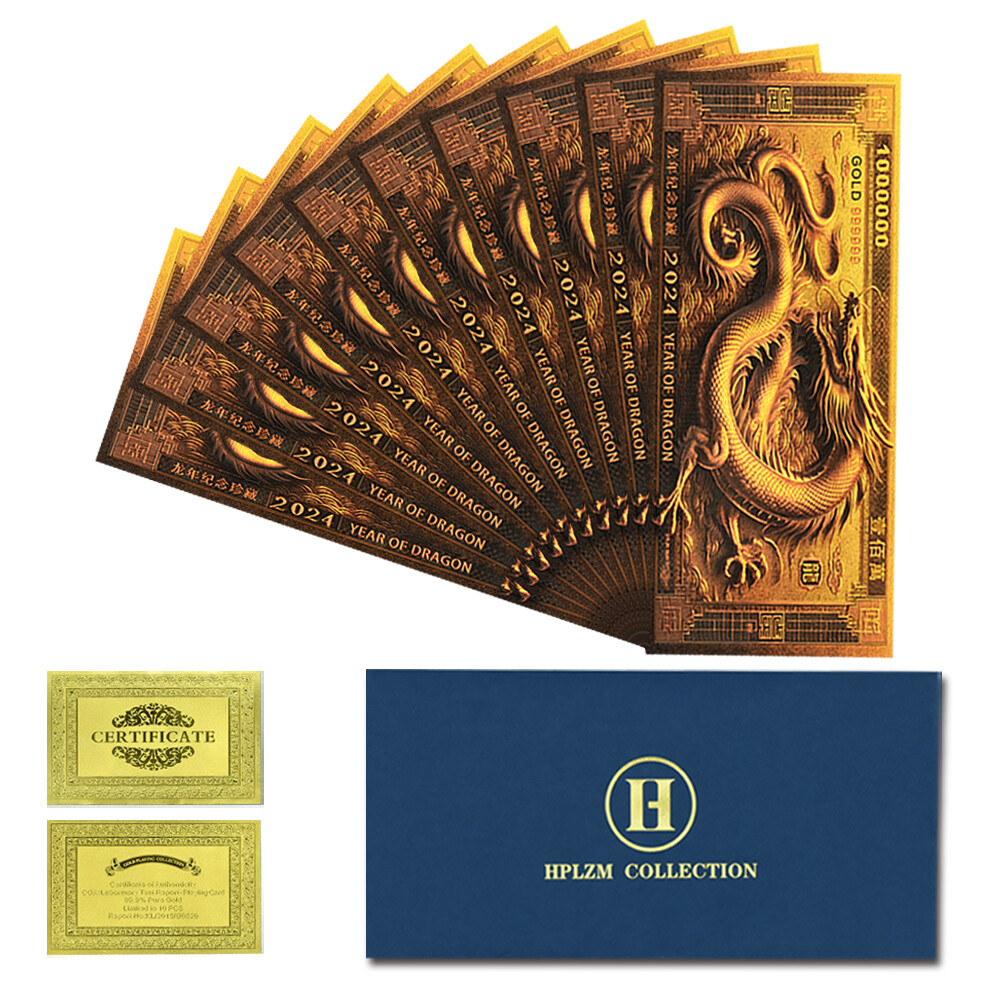 Chinese Year of The Dragon 2024 Million Gold Foil Banknotes 10pcs in Envelope