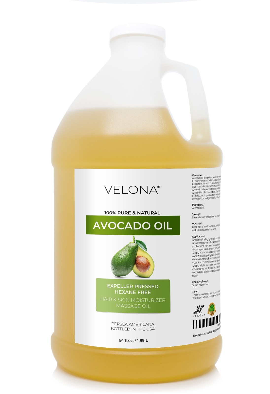 Avocado Oil by Velona - 64 Fl Oz, Hexane Free, Hair Body and Skin Care