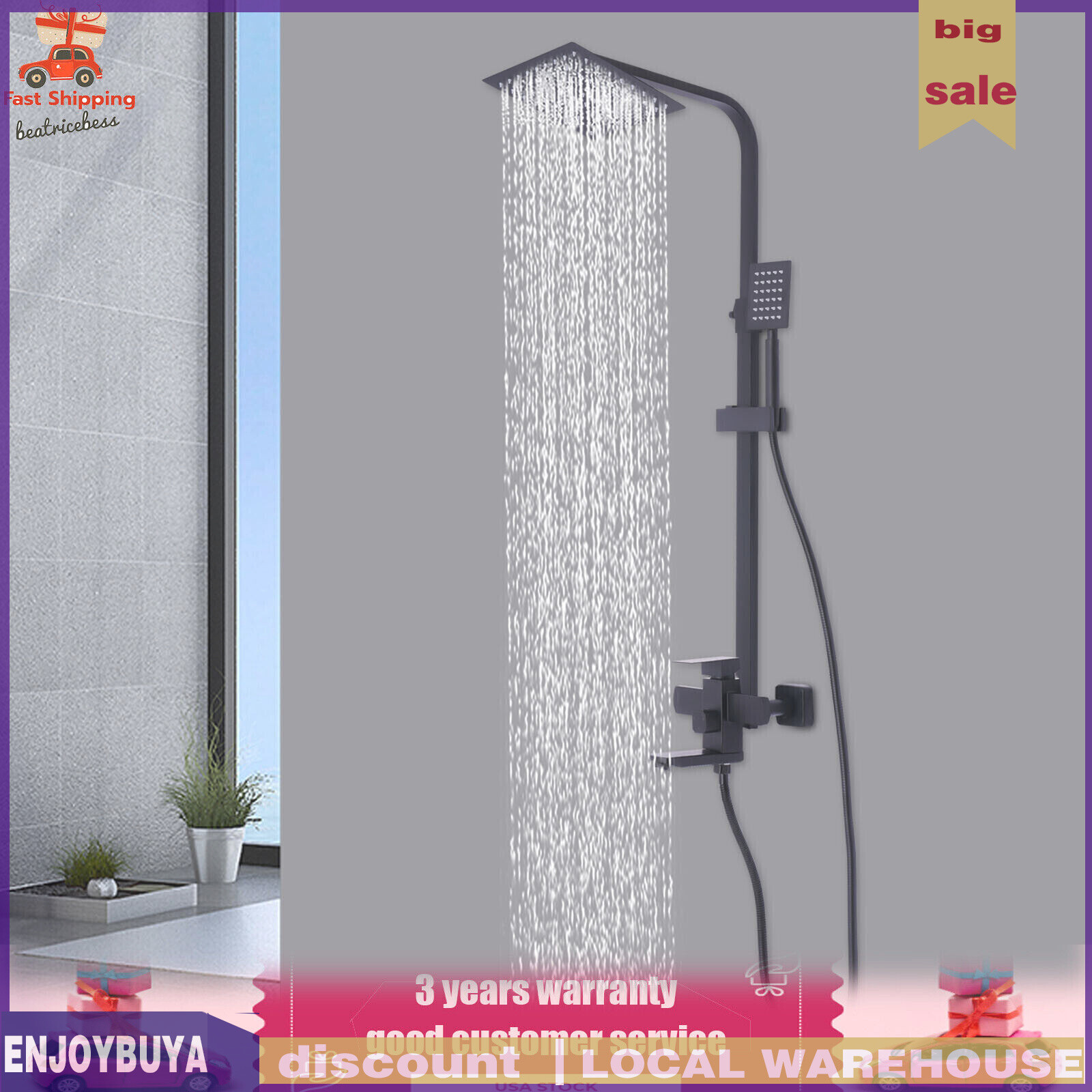 Shower Faucet Set System Rainfall Shower Head Handle Combo Kit Wall Mount Black
