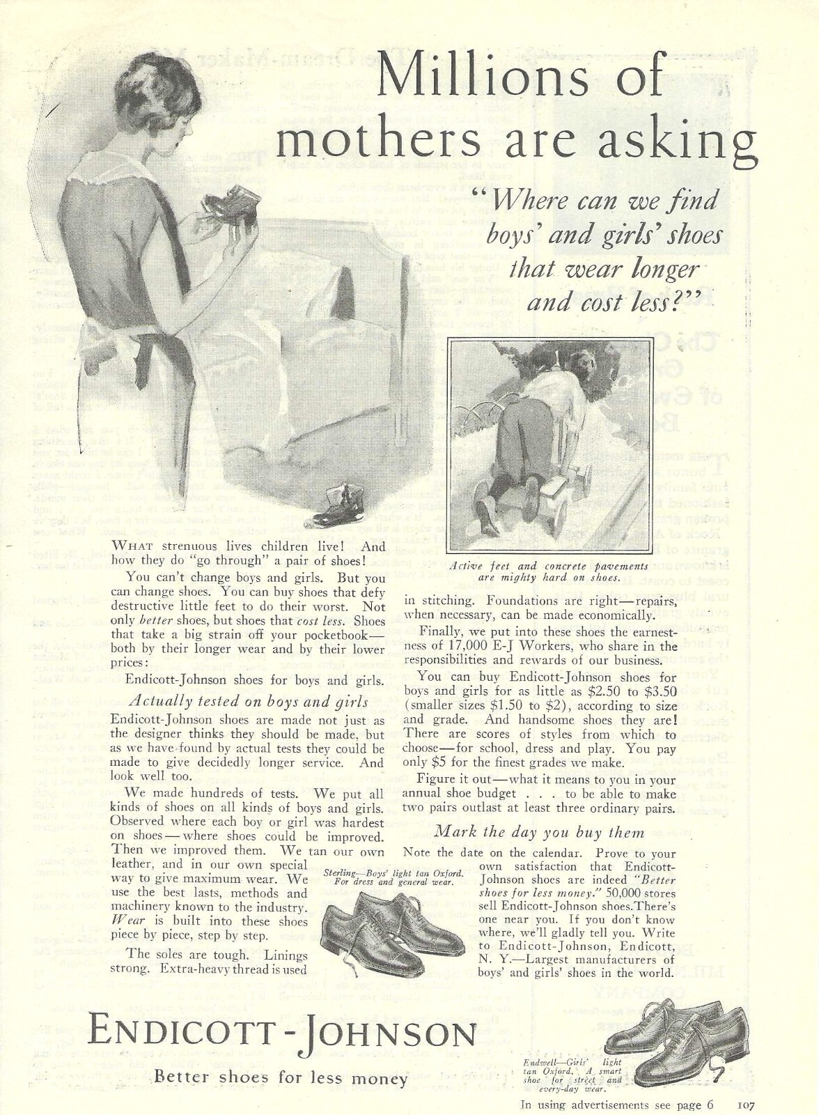 1925 Endicott-Johnson Boys & Girls Shoes Mom Looks In Purse Vintage Art Print Ad