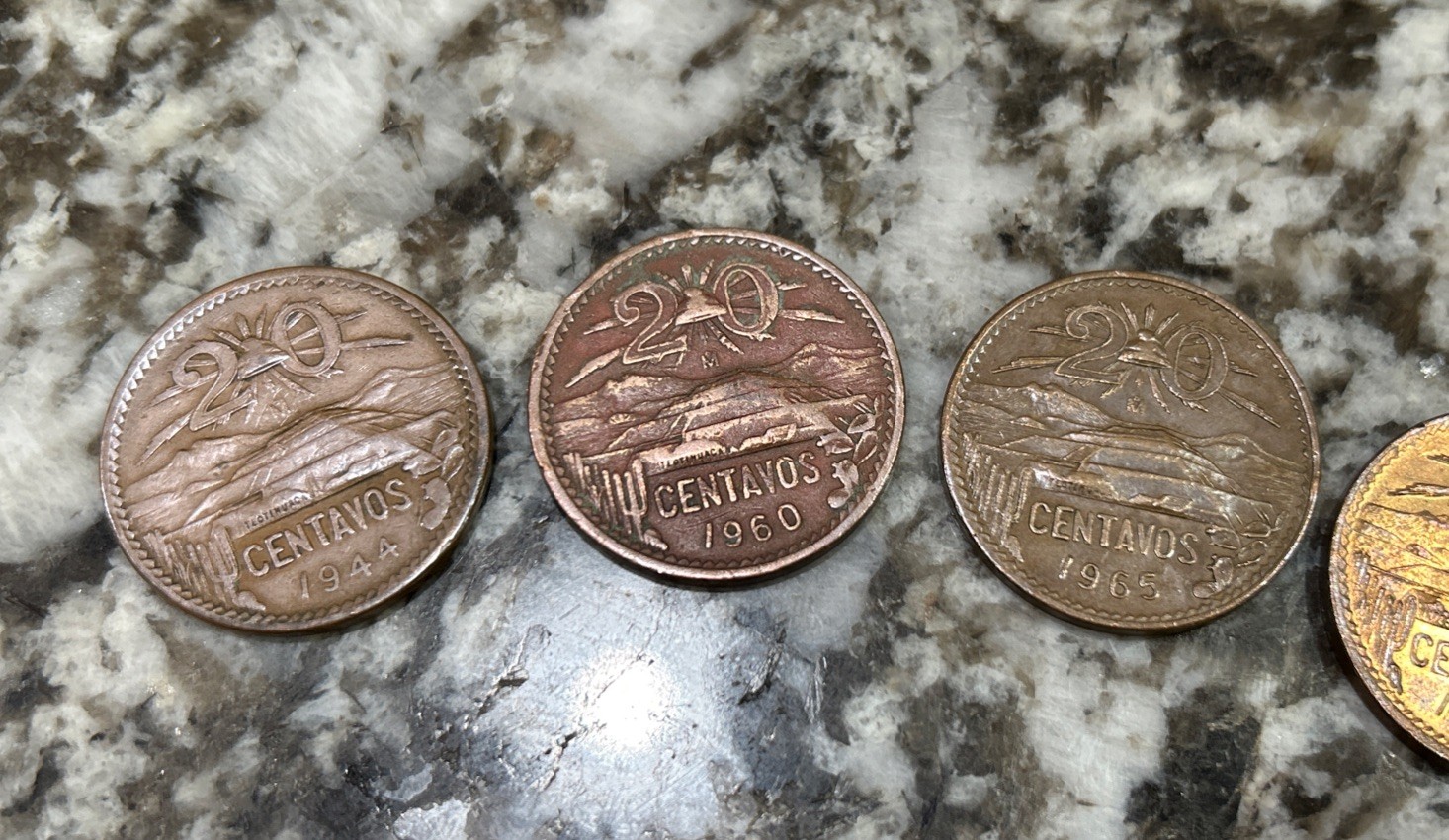 Set Of 5 20 Centavos Mexican Coins (1944, 1960, 1965, And Two 1968), Circulated