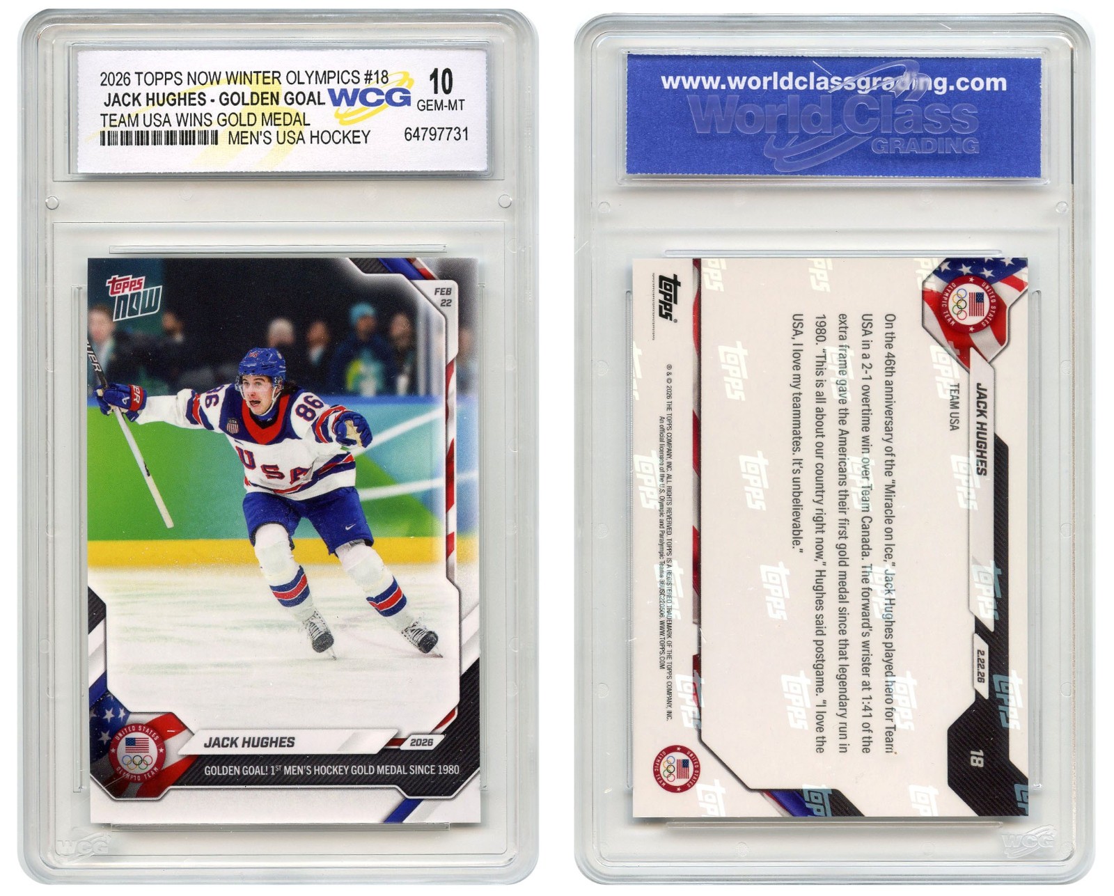 2026 Topps Olympics GOLDEN GOAL JACK HUGHES USA Wins Hockey Gold #18 GEM MINT 10