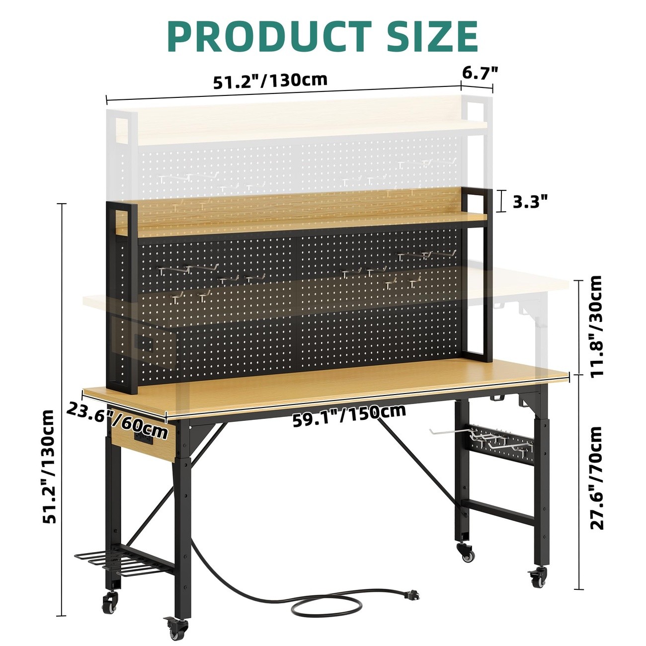 60 Inch Adjustable Workbench Rolling Pegboard Garage Table