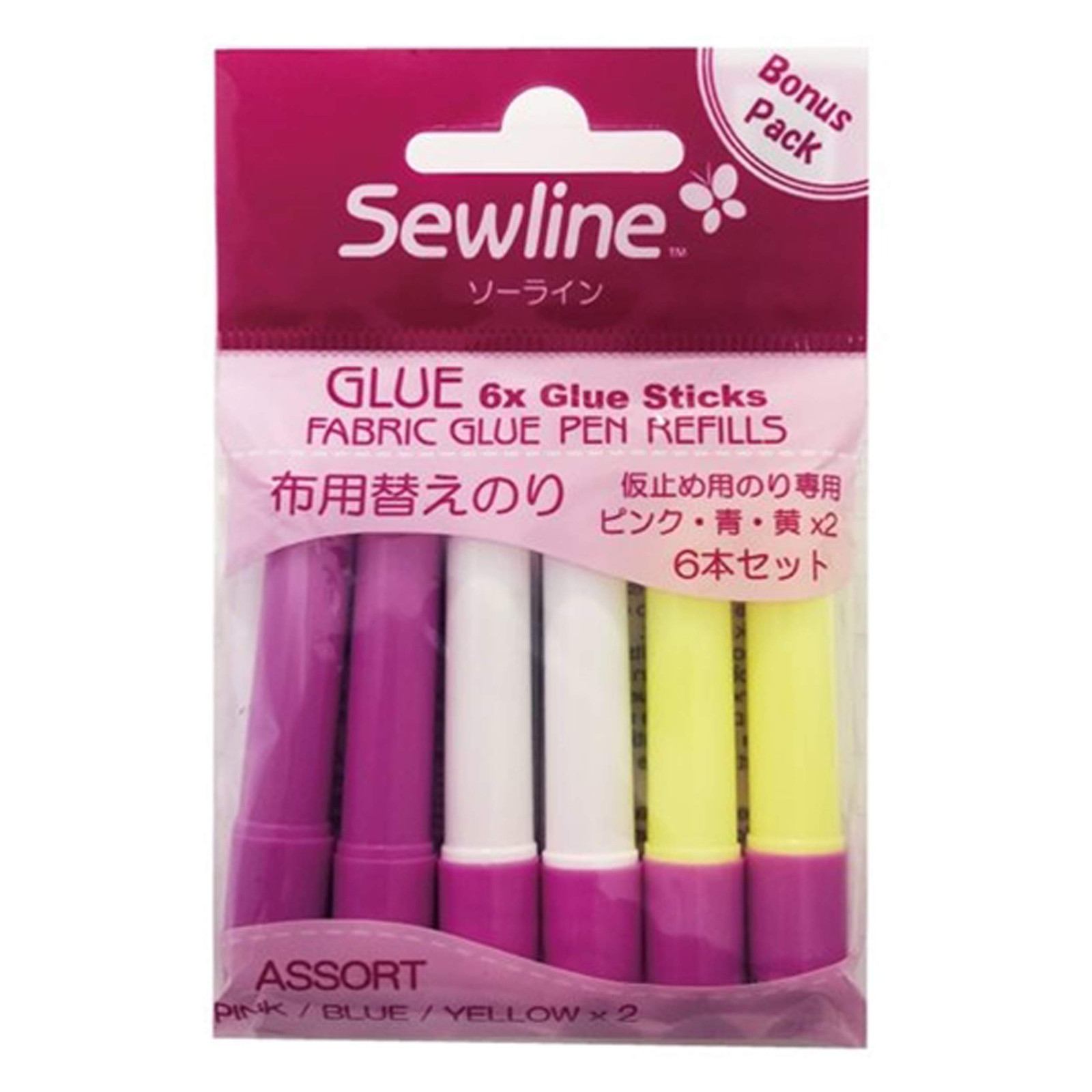 Sewline Glue Pen Refills Set of 6 Pink Blue Yellow Fabric Adhesives