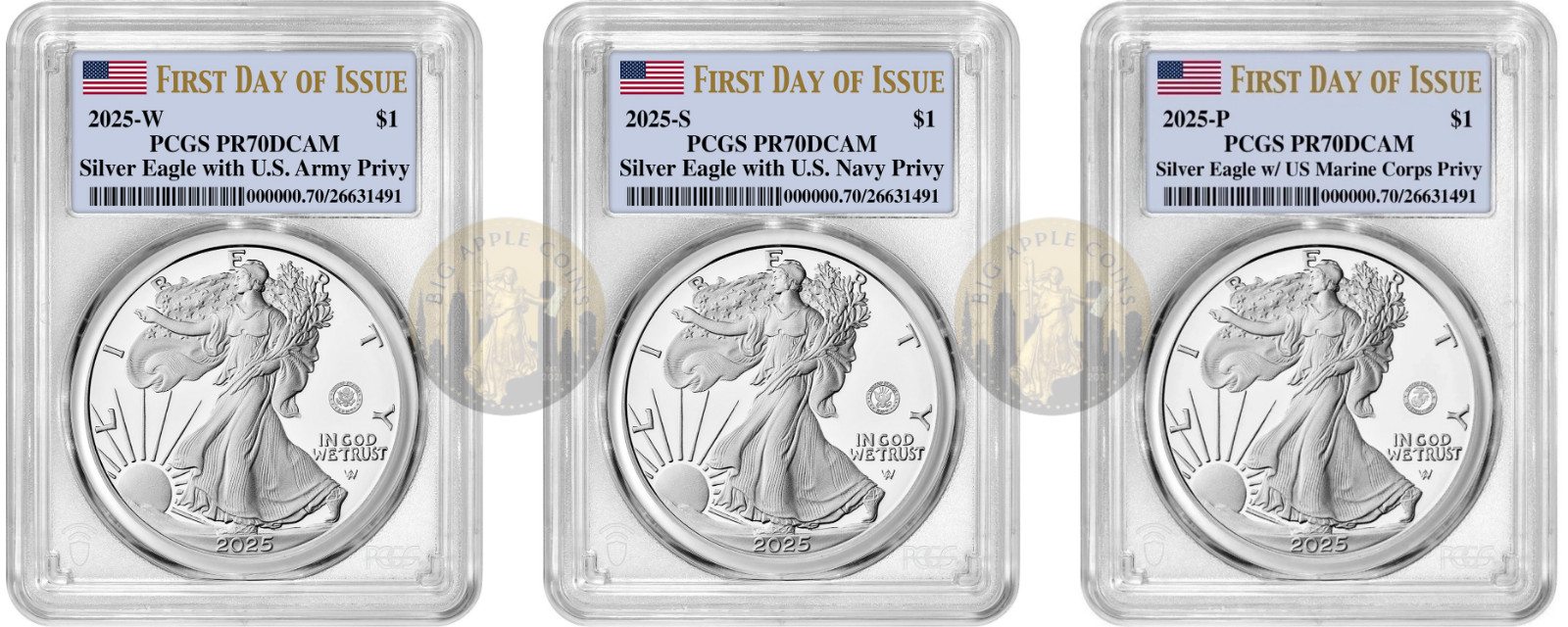 2025 (PR70) Army/Navy/Marine Proof Silver Eagle (3 Coin Privy Set) PCGS FDOI