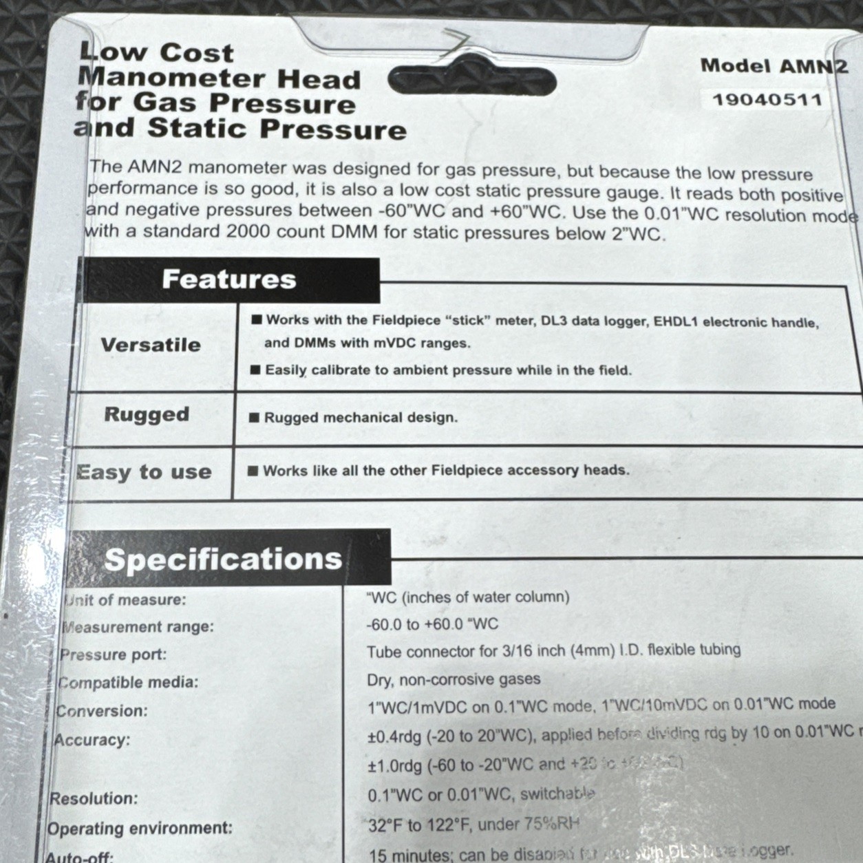 Fieldpiece AMN2 HVAC Modular Manometer Accessory Head NEW