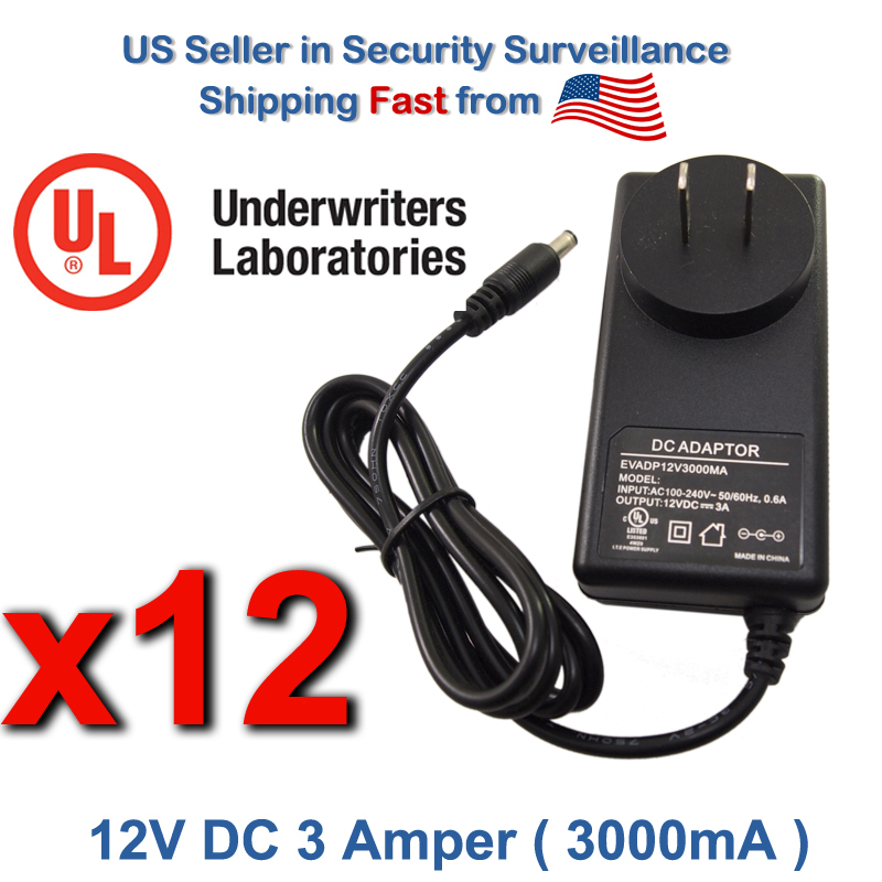 12Pcs 12V DC 3 A 3 Amp 3000 mA CCTV Security Camera Power Supply Adapter UL List
