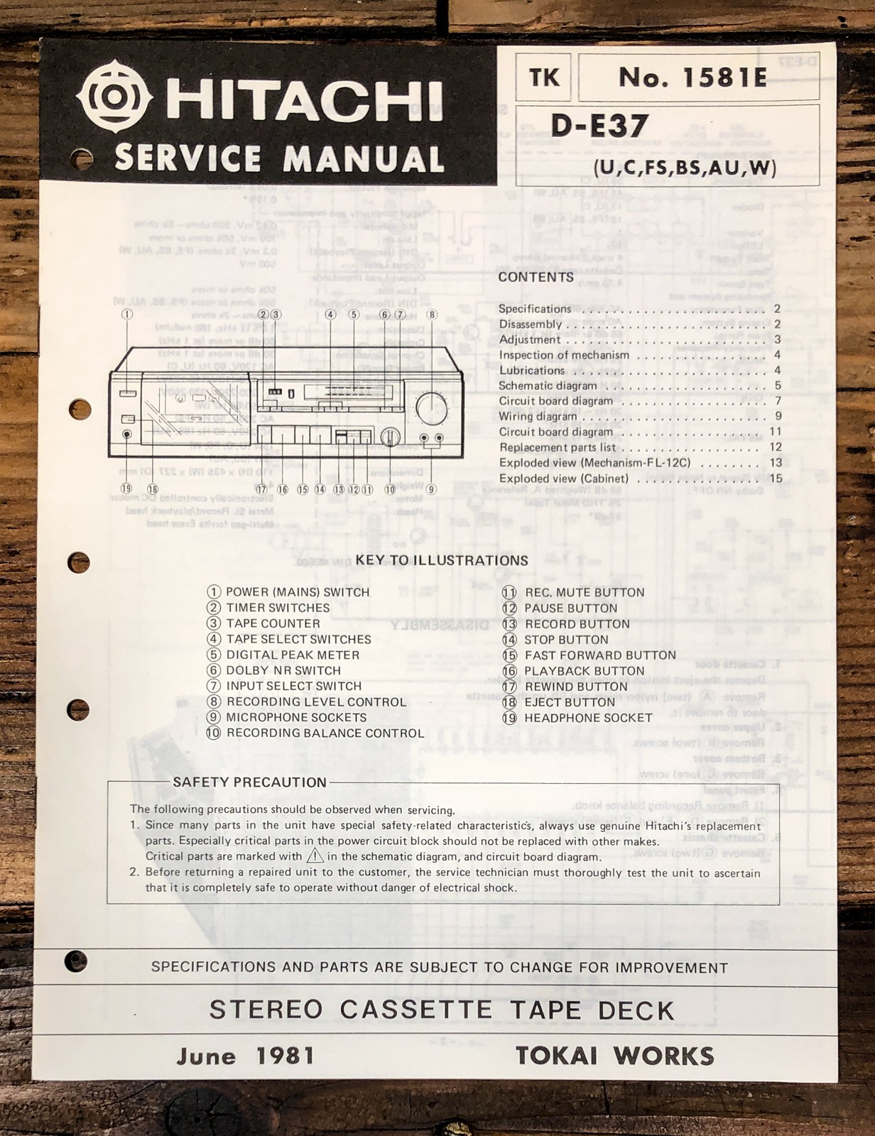 Hitachi D-E37 Cassette Service Manual *Original*