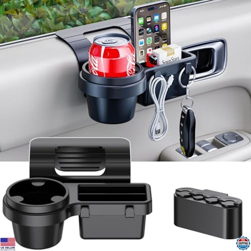 Car Door Window Cup Holder & Storage Organizer Tray | 2-Pack Vehicle Coin Holder