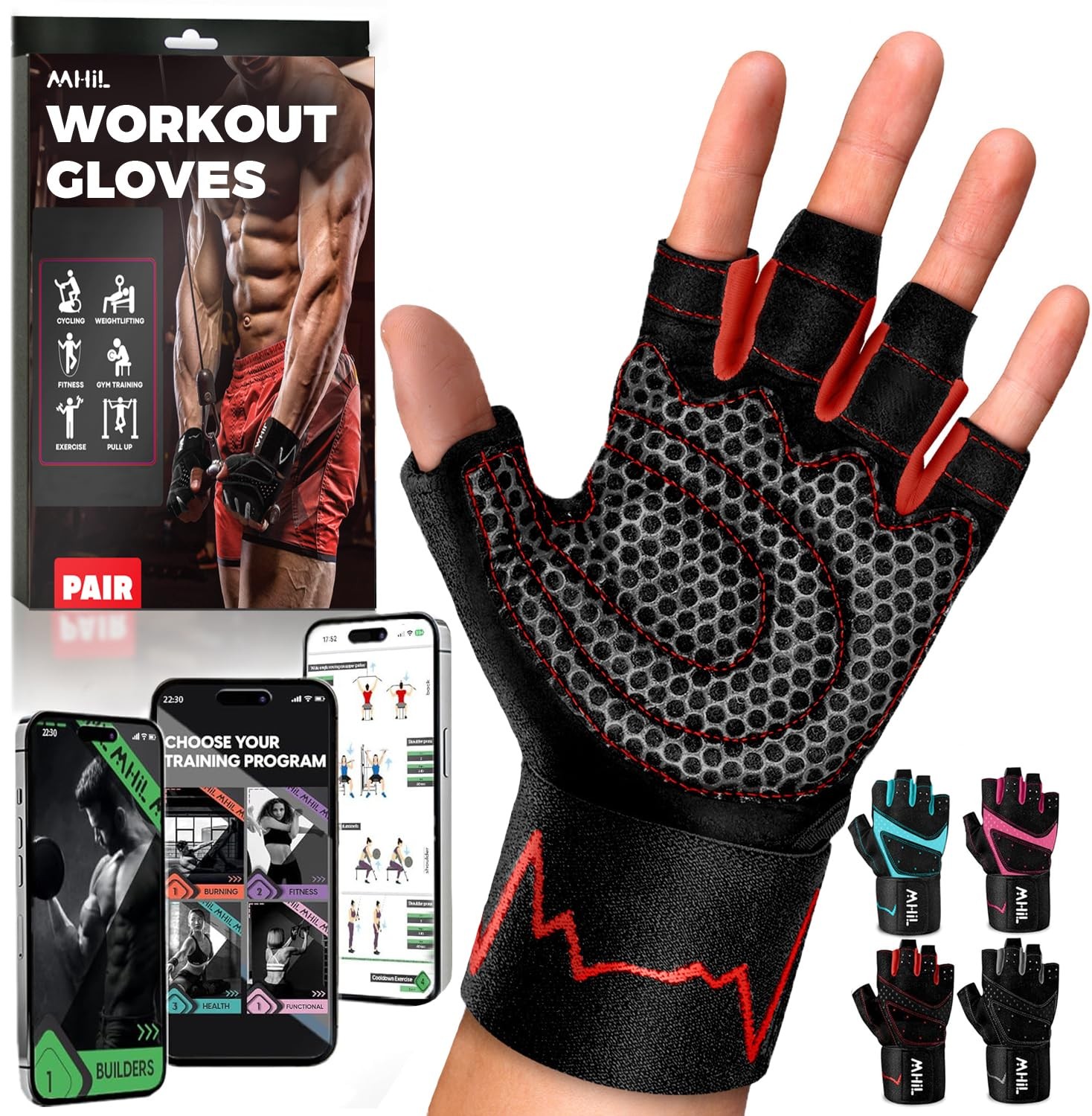 MhIL Workout Gloves for Men – Comfortable Gym Gloves for Men with Enhanced Gr...