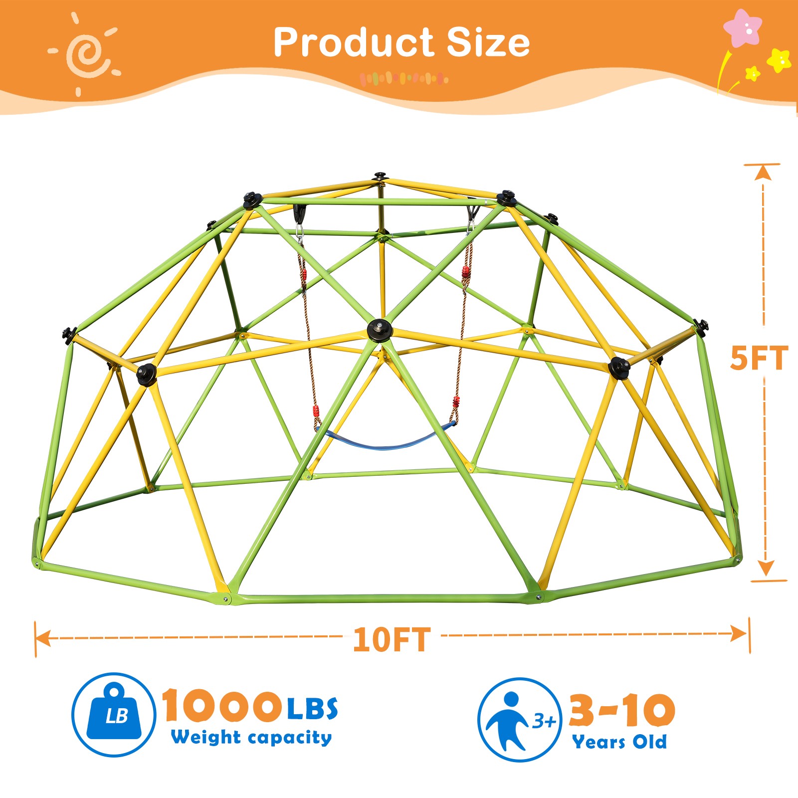 10 FT Climbing Dome for Kids Jungle Gym Park Dome Climber With Swing Playground