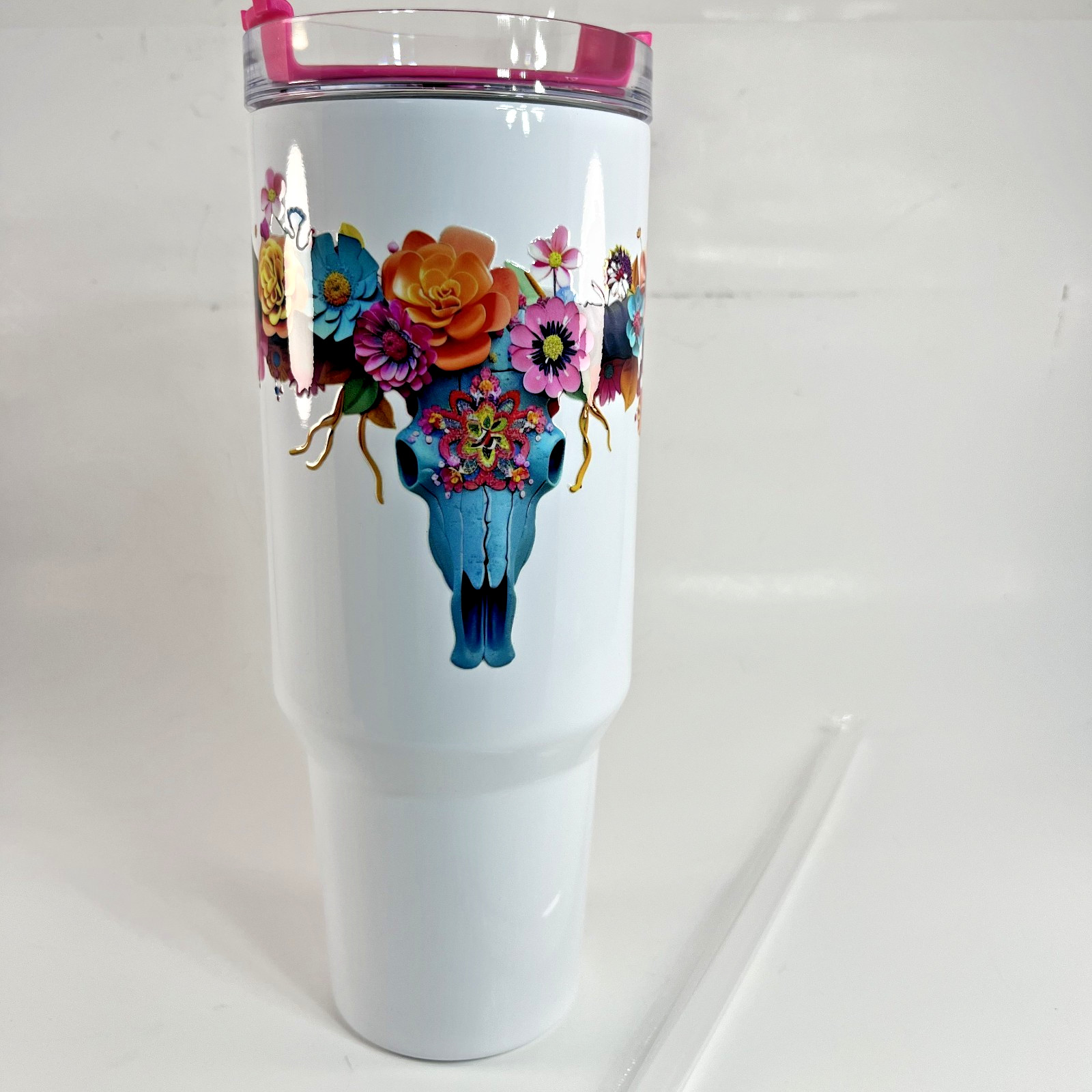 Stainless Steel Travel Tumbler 30oz Floral Cow Skull Pink Handle