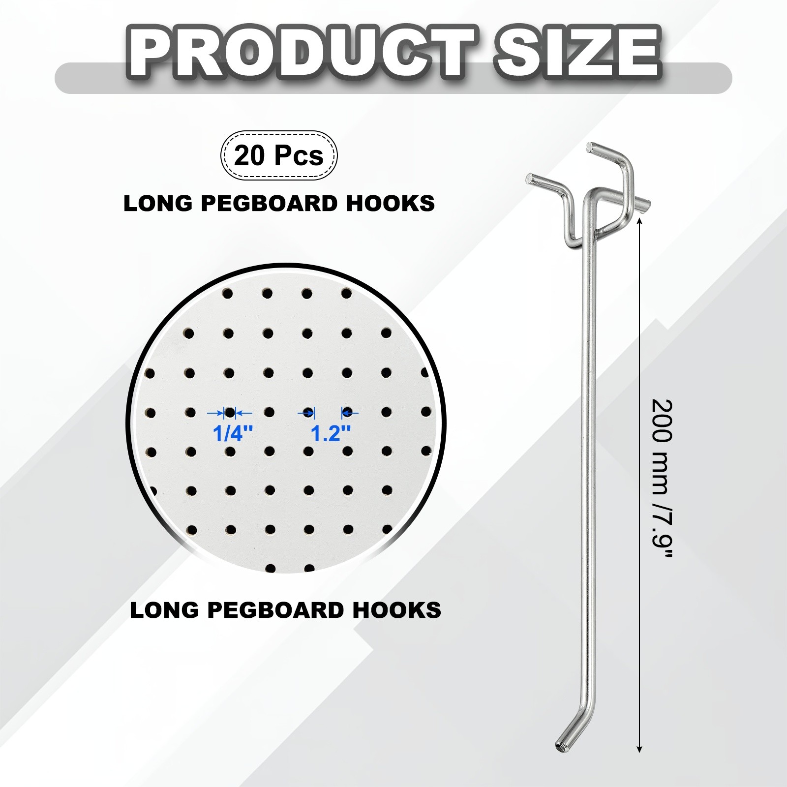 20 Pcs Pegboard Hooks, 7.9" Peg Board Hooks Kit, Silver Tone (1.2mm)