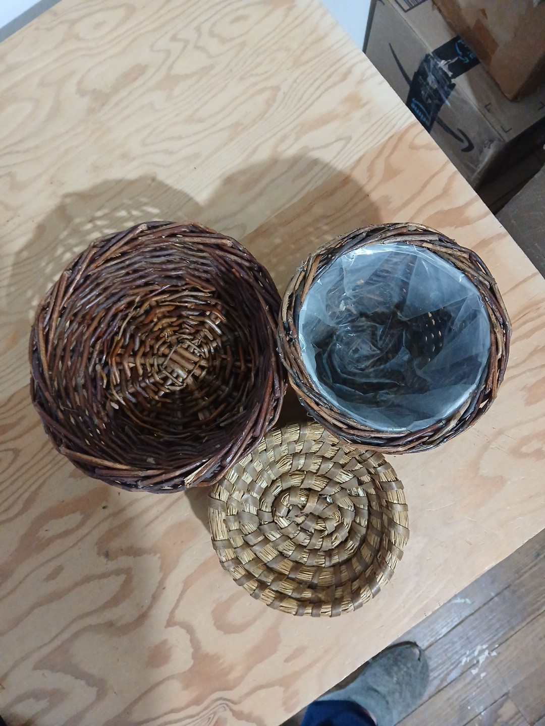3 Rustic Woven Baskets, Willow Or Straw, One Includes A Plastic Liner