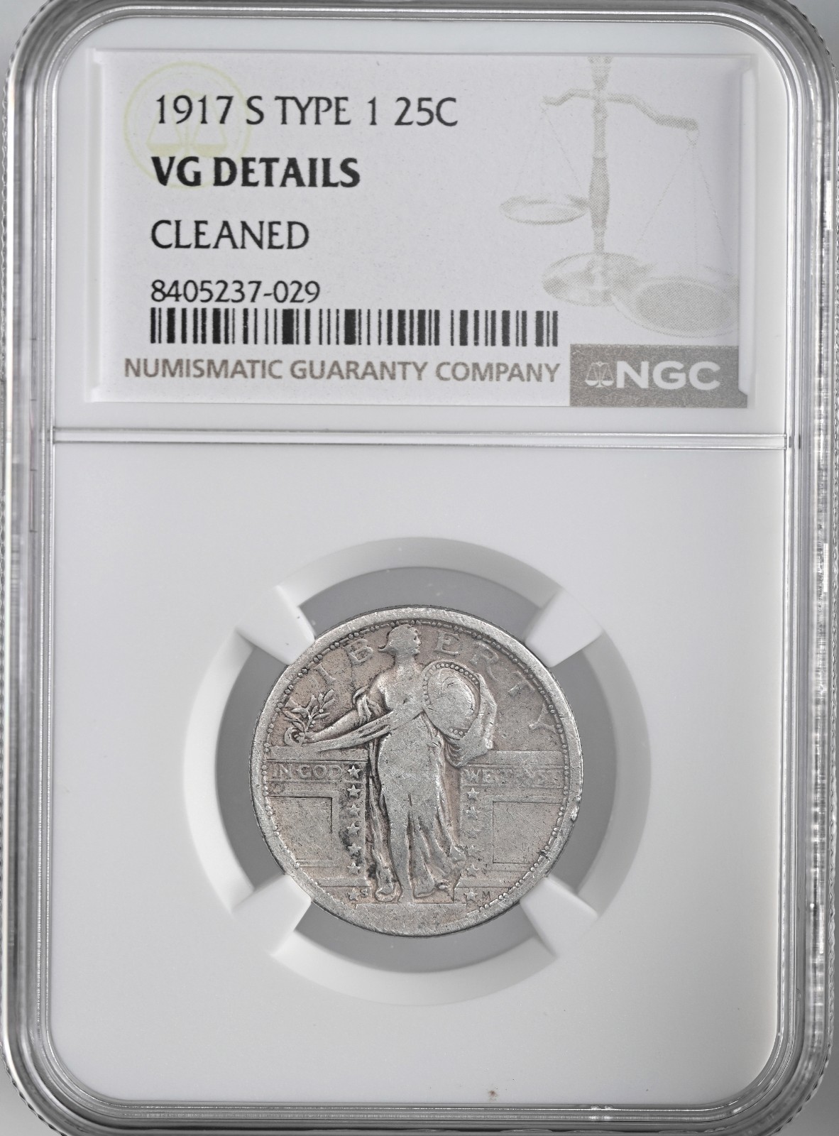 1917-S  25C STANDING LIBERTY QUARTER TYPE 1 NGC VG DETAILS "CLEANED" 8405237-029