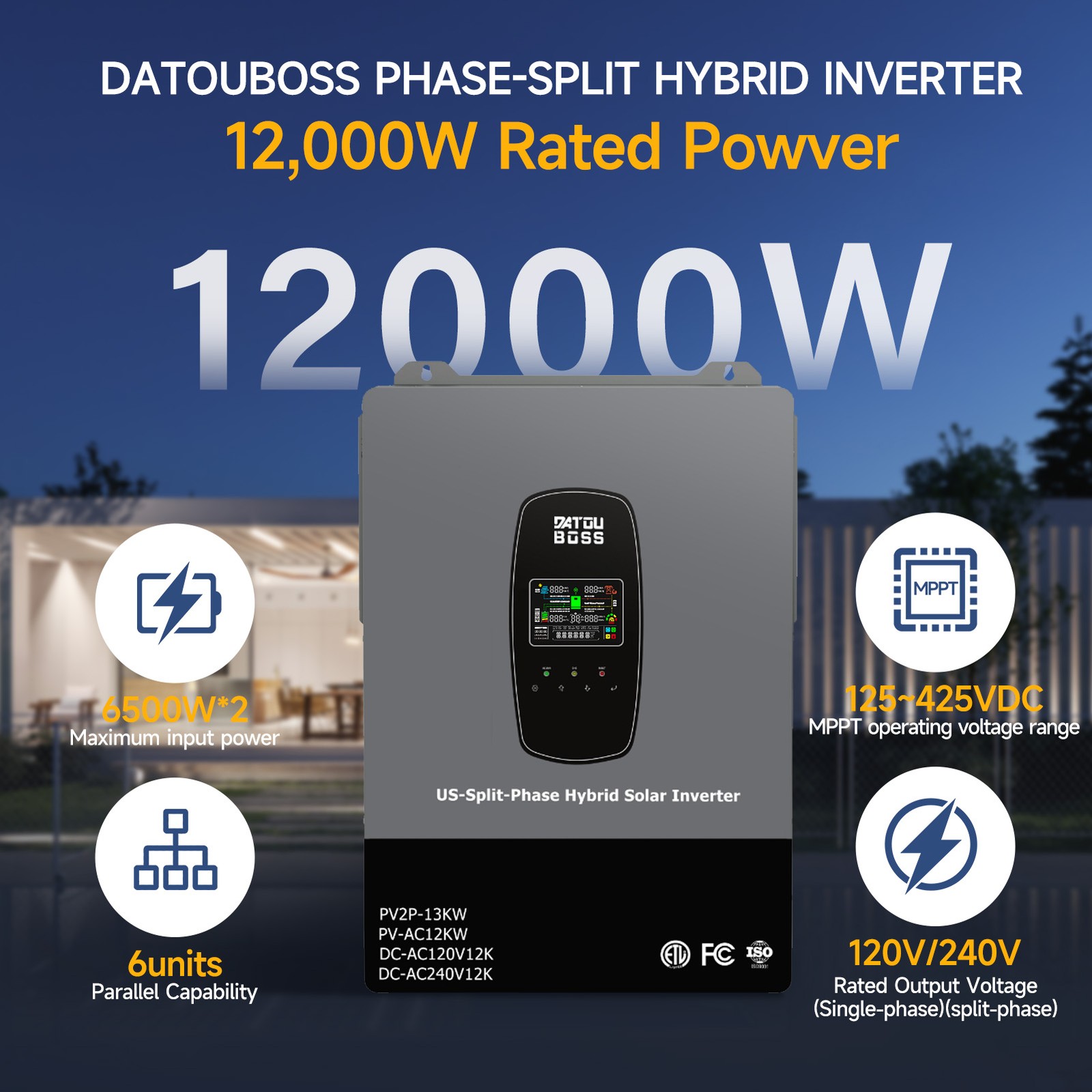 US 12kW 48V Hybrid Solar Inverter Split-Phase 120V/240V Dual MPPT 200A Parallel