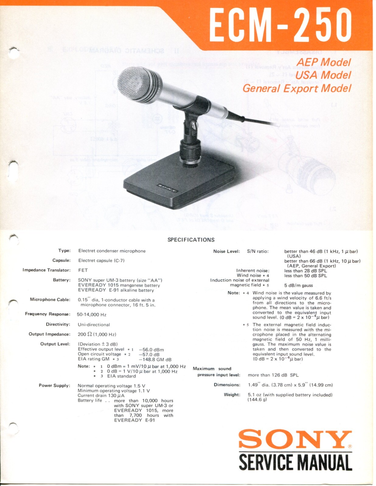 Sony Model ECM-250 Electret Condenser Microphone Service Manual