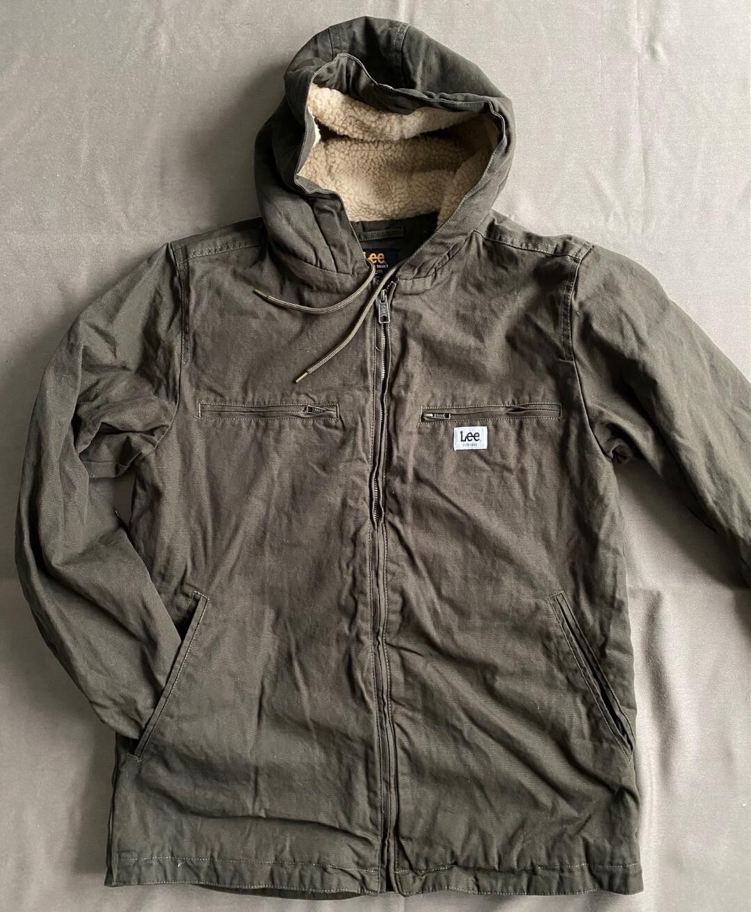 Lee Men's Hooded Zipper Jacket Canvas Sherpa Lined Dark Olive New