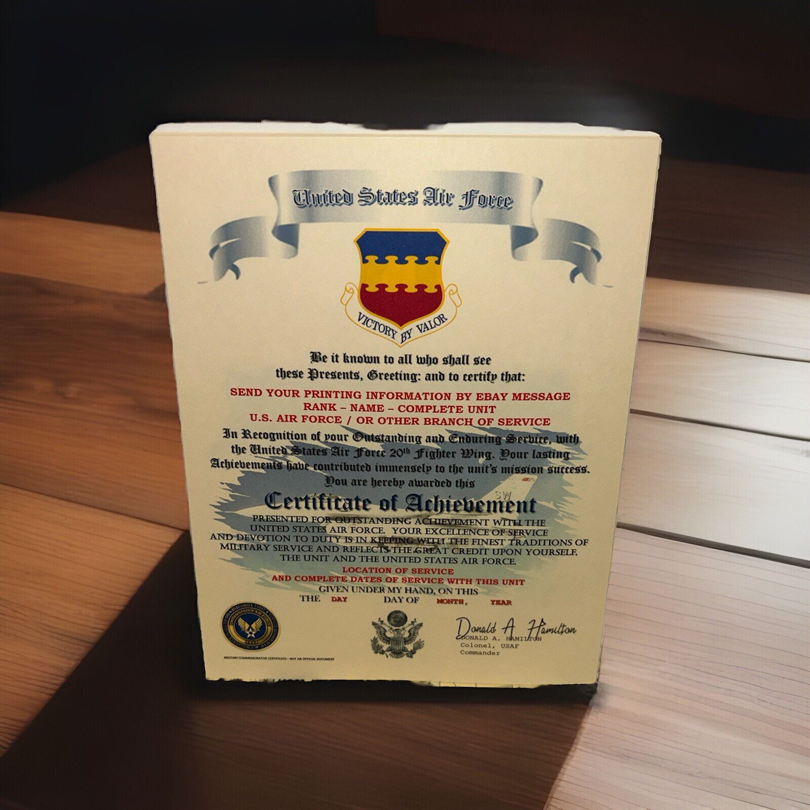 U.S.A.F. / AIR FORCE 20TH FIGHTER WING - CERTIFICATE OF ACHIEVEMENT