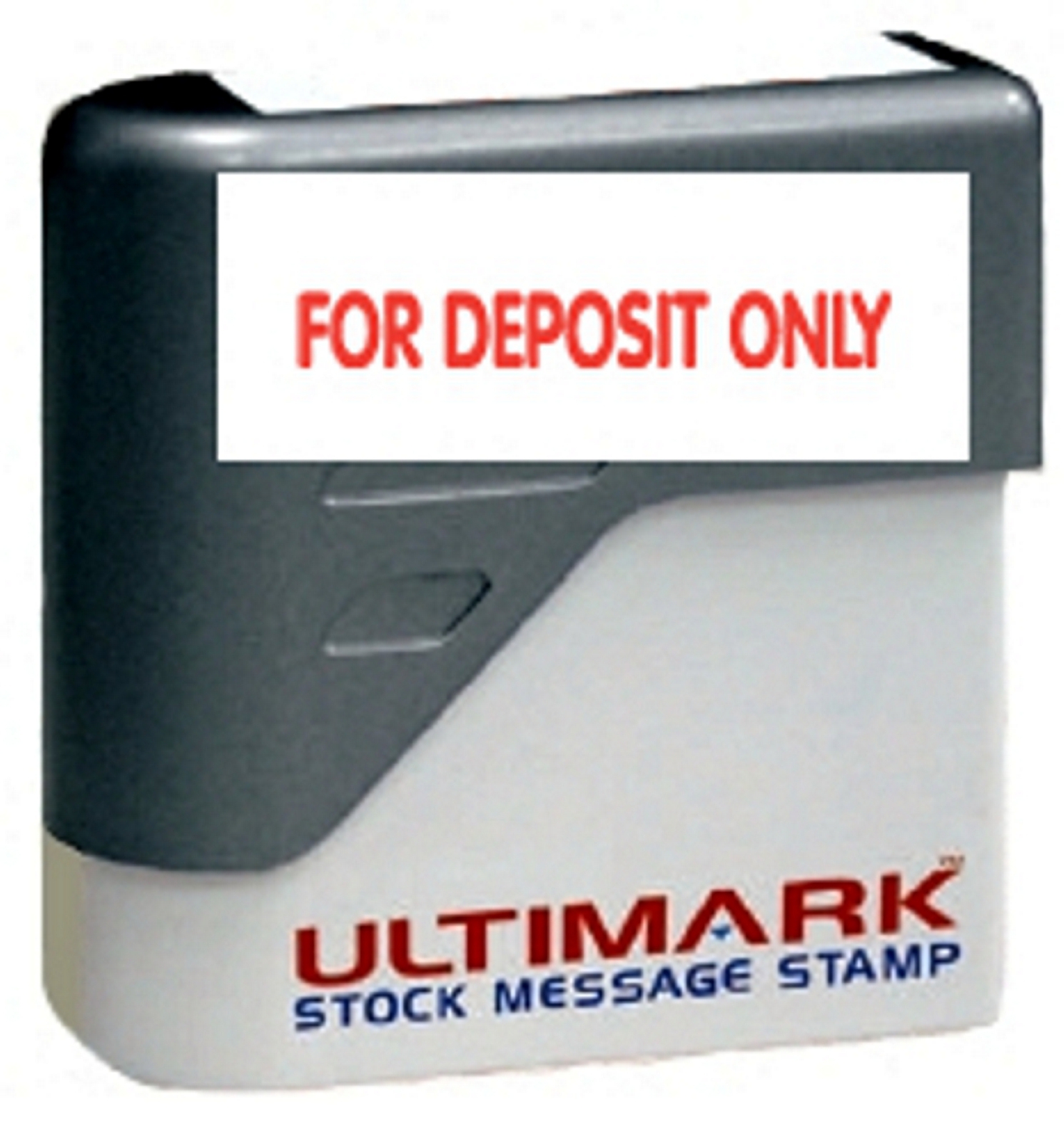 FOR DEPOSIT ONLY stamp text on Ultimark Pre-inked Message Stamp with Red Ink