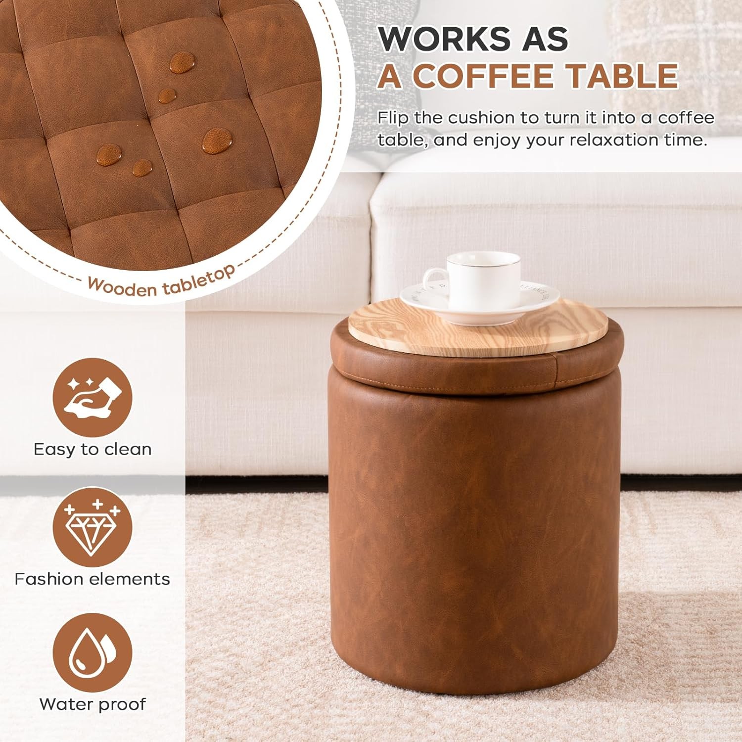 Set of 2 Round Ottoman W/ Storage 12.6"W x 14.17"H & 14.76"W x 17.32"H