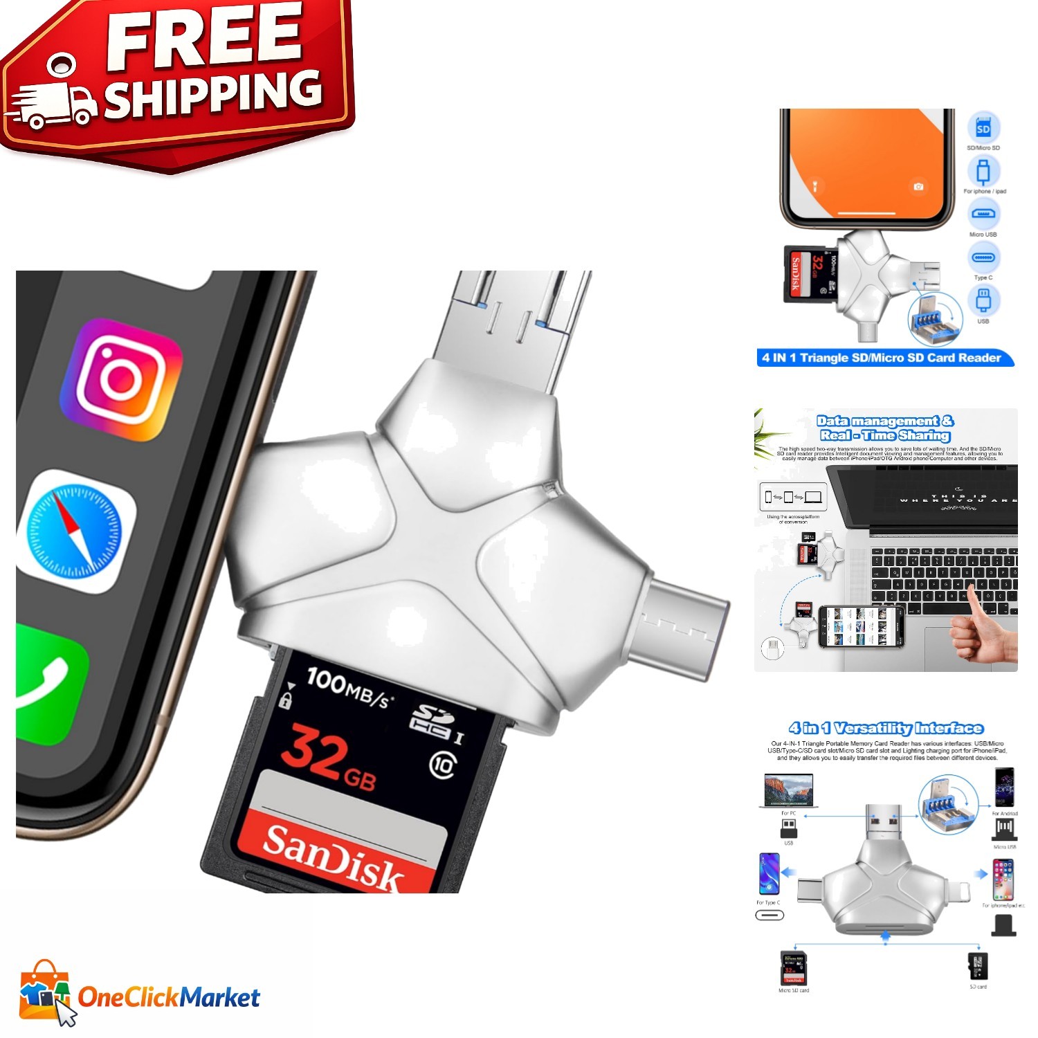 Portable 4-in-1 Memory Card Reader for iPhone, Android & Camera: No Apps Needed