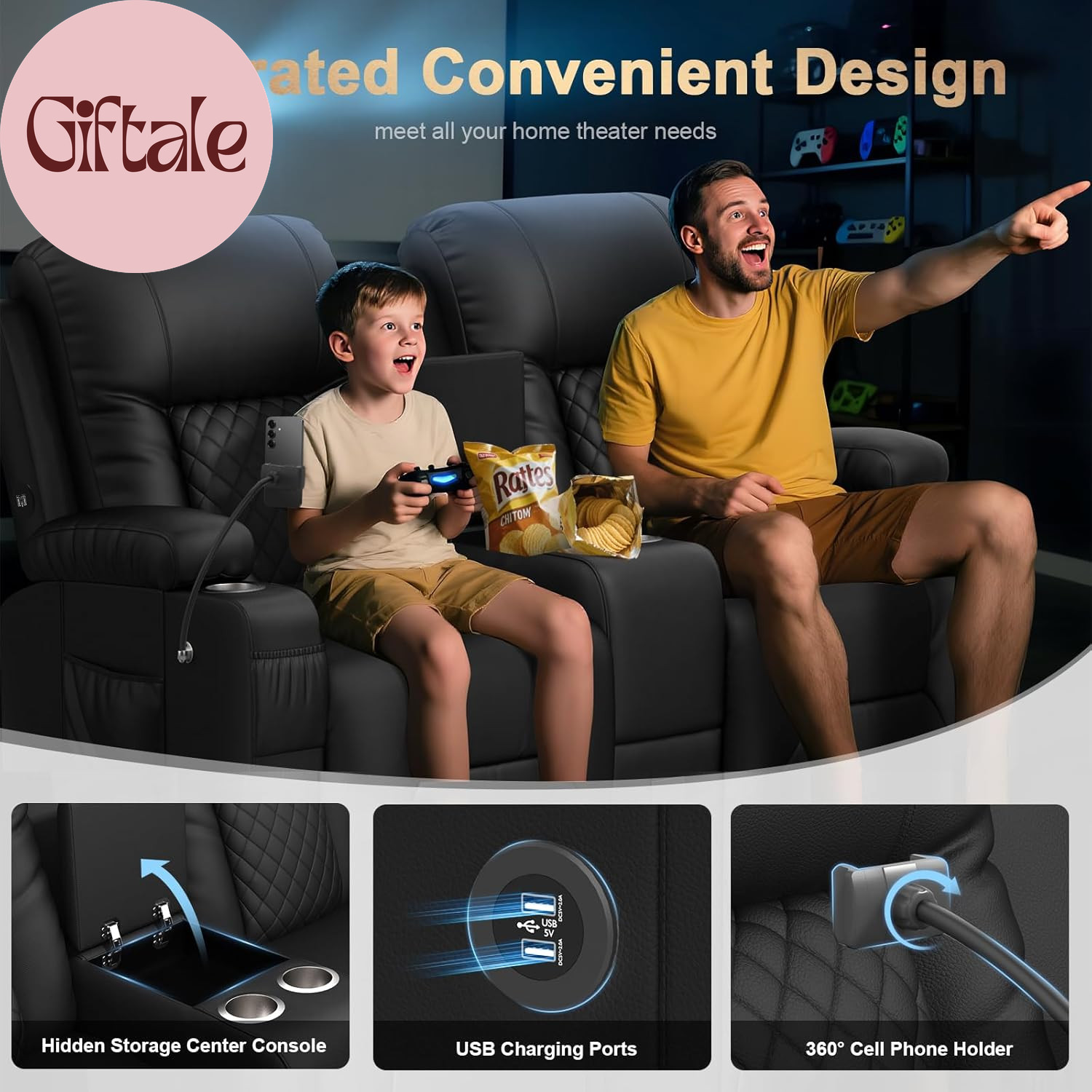 Loveseat Recliner Sofa, Home Theater Seating with Center Console, Reclining Love