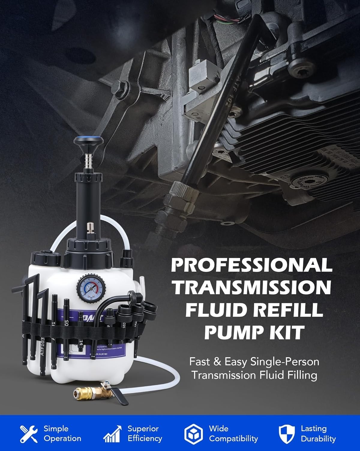 Effortless Transmission Fluid Transfer Pump with Organized Adapter Storage