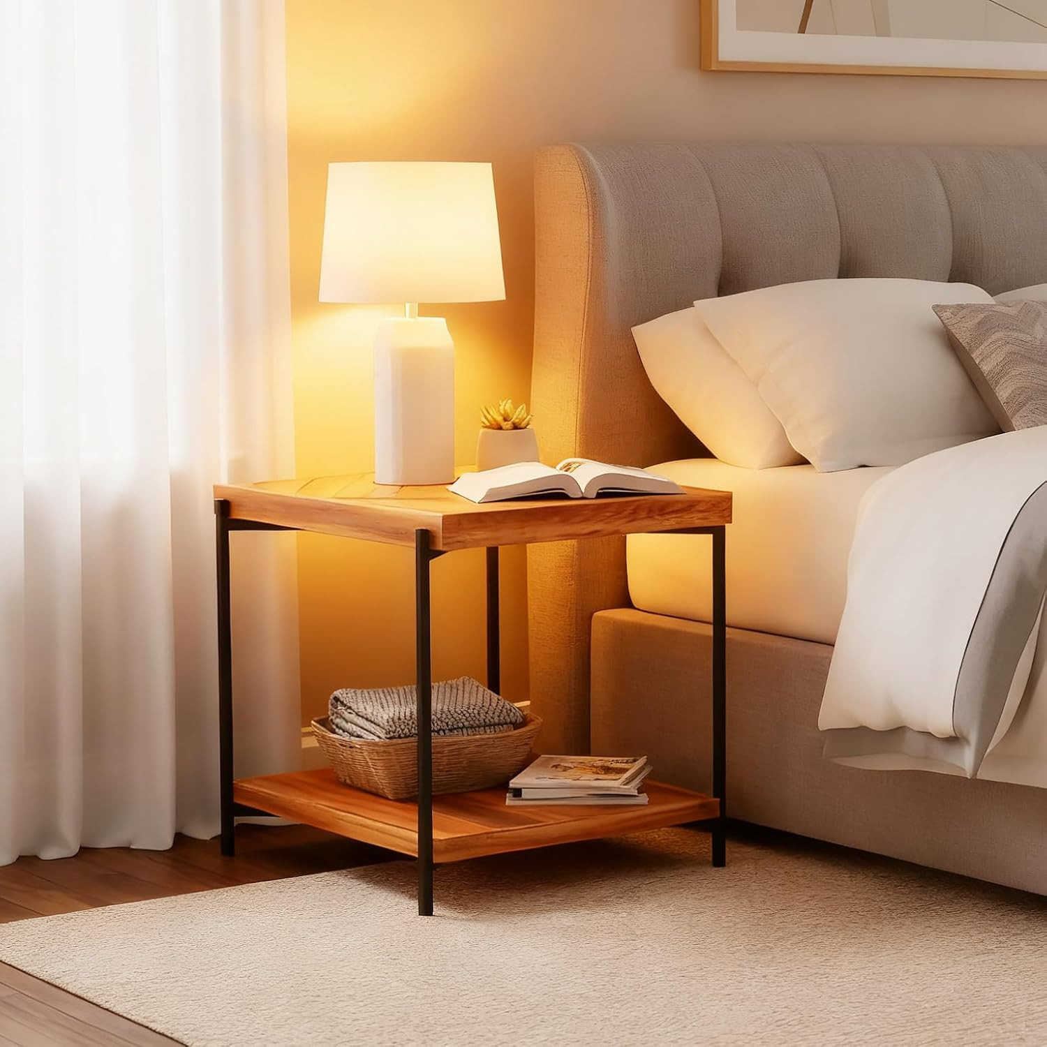 Stonecreek End Table 23 Inch, Solid Fir Wood Side Table with Metal Frame, 2-Tier