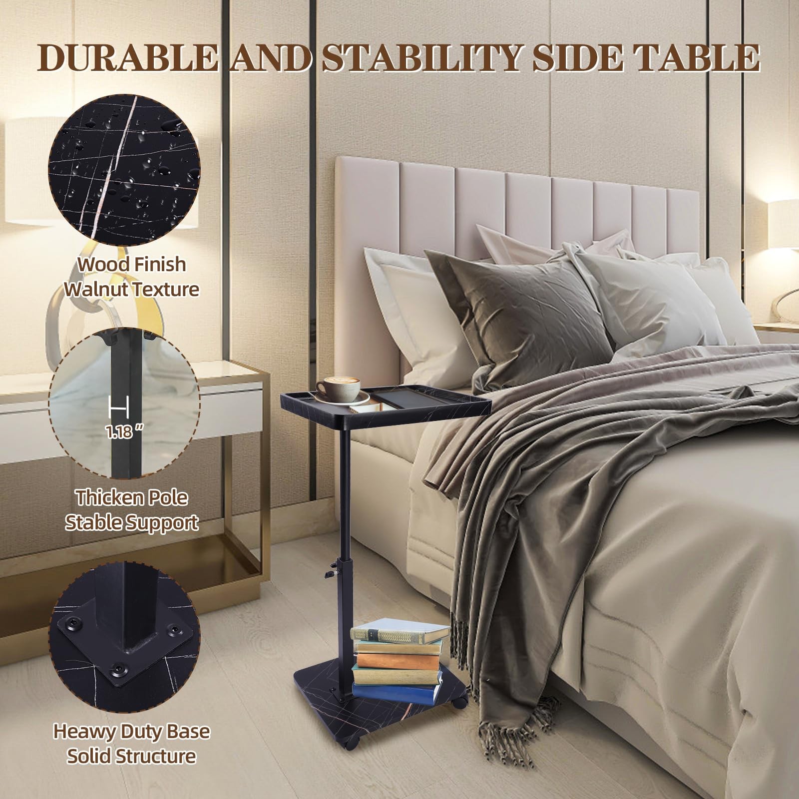 Black C Shaped End Side Table Adjustable Height 360 Swivel TV Tray Table