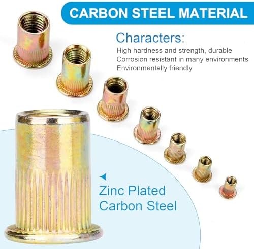 100Pcs #10-24 UNC Rivet Nuts, Carbon Steel Flat Head Rivnut Threaded Insert Nut,