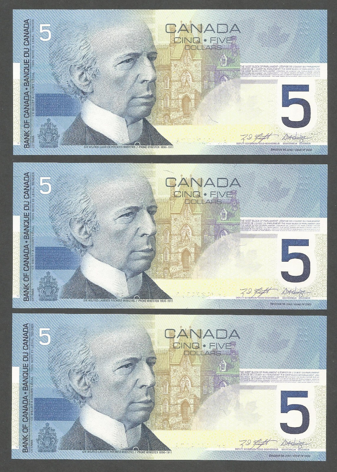 Canada 5 Dollars 2002/2001; UNC; P-101a; sign. Knight-Dodge; 3 consec #; "ANV"
