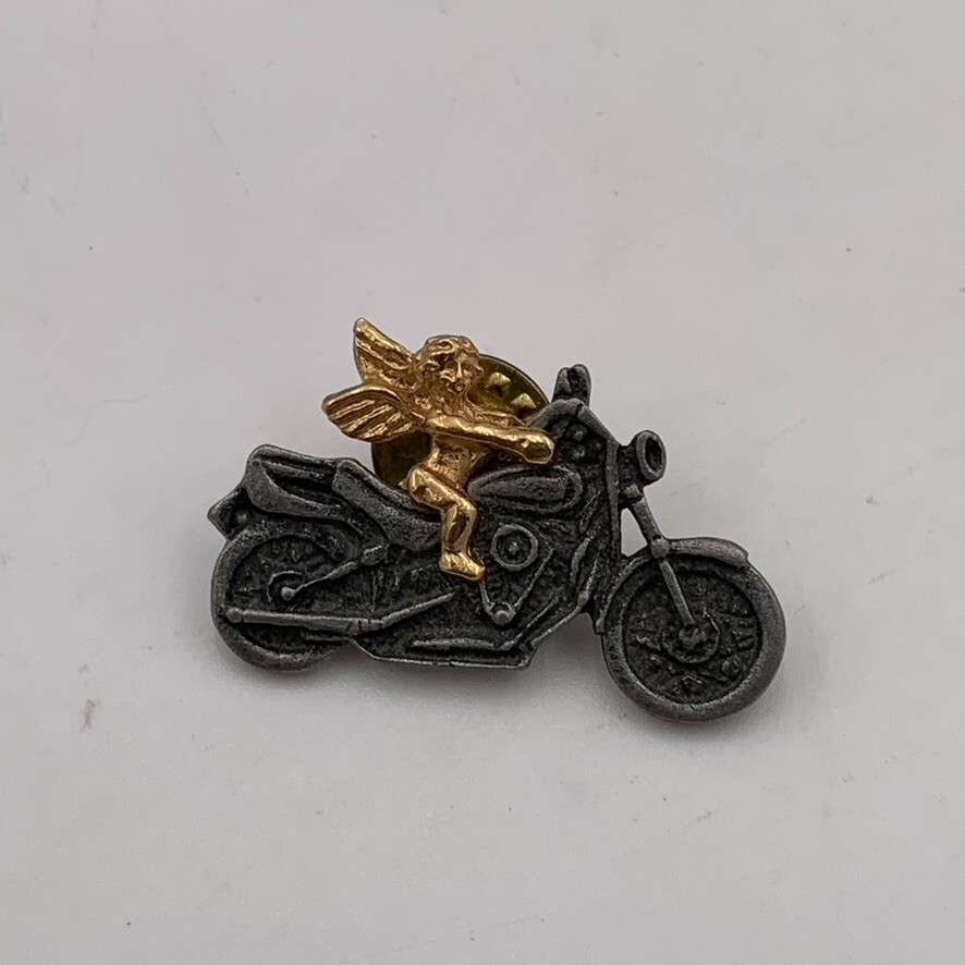 VTG Motorcycle Angel Wings Protect US HOG Badge Pin Tie  Harley Rider Gold Tone