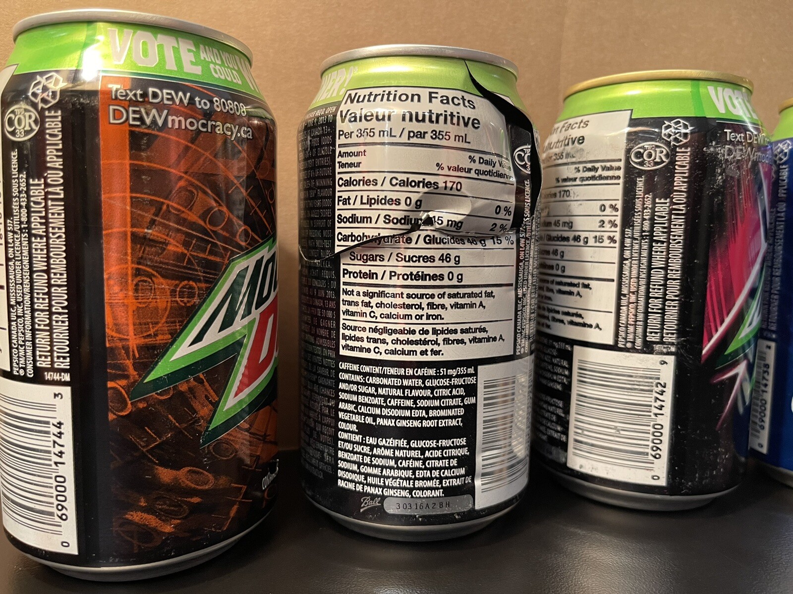 (4) Mountain Dew Canada Dewmocracy Empty Cans (2013) Supernova White Out