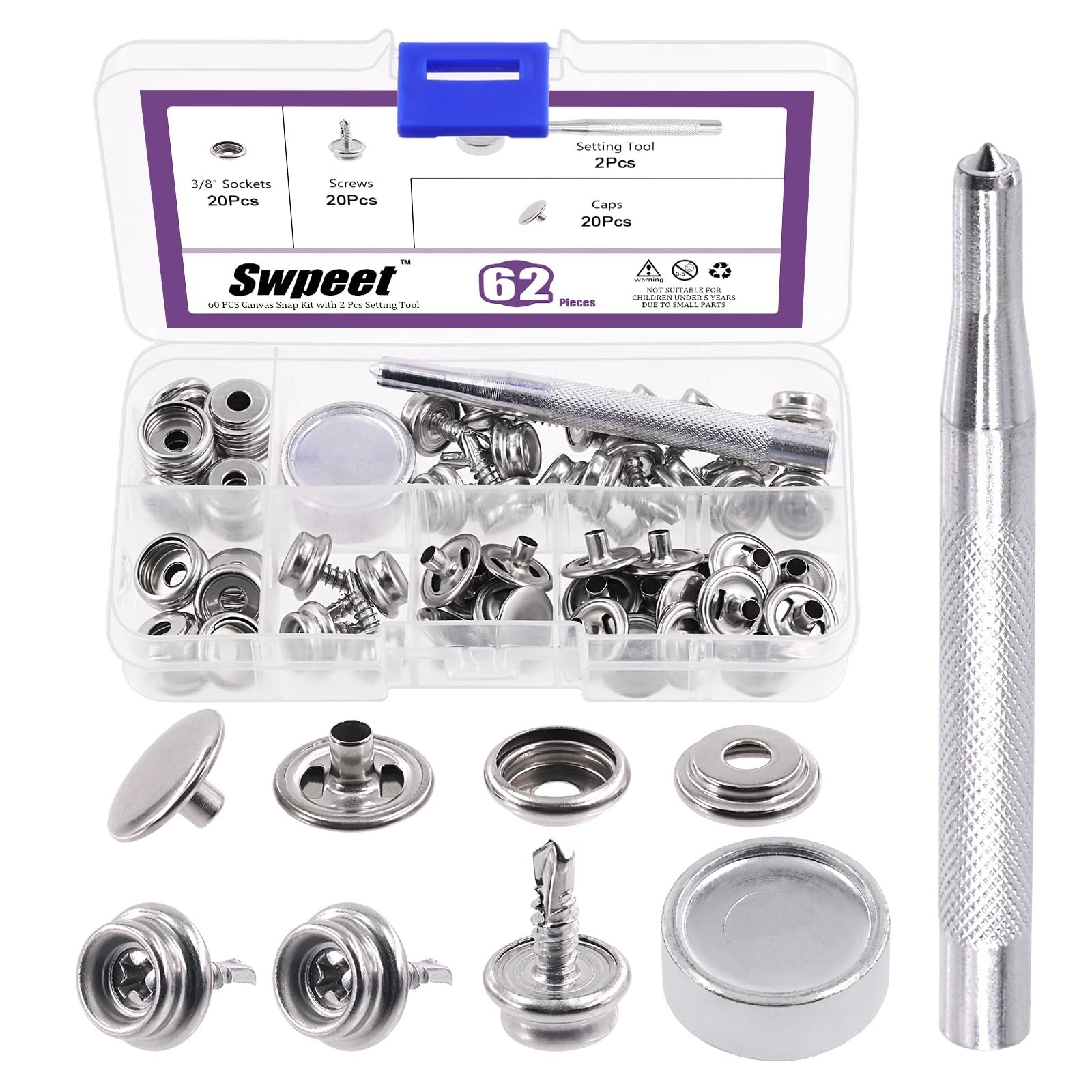 Swpeet 62Pcs Canvas Snap Kit, Stainless Steel Marine Grade and Silver