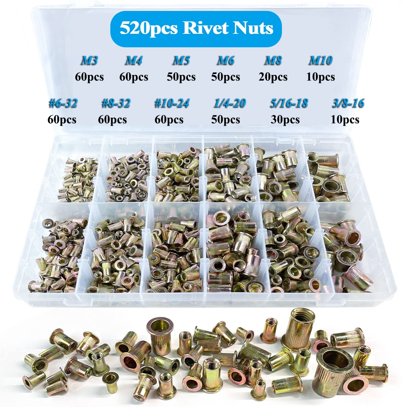 iMeshbean 16" Rivet Nut Tool Kit w/ 630PCs Rivet Nuts 11PC Metric & SAE Mandrel