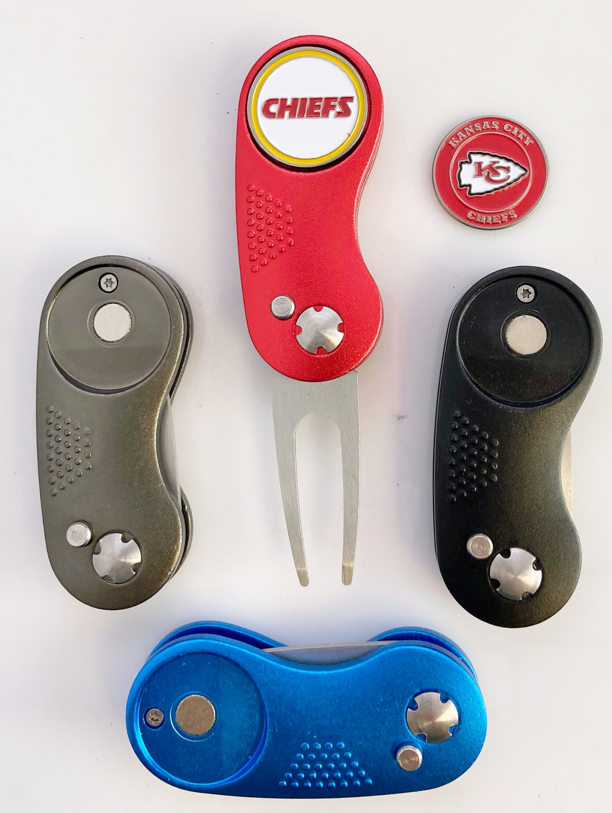 2 Prong Switchblade GOLF DIVOT REPAIR TOOL Blue + Ballmark KANSAS CITY Chiefs